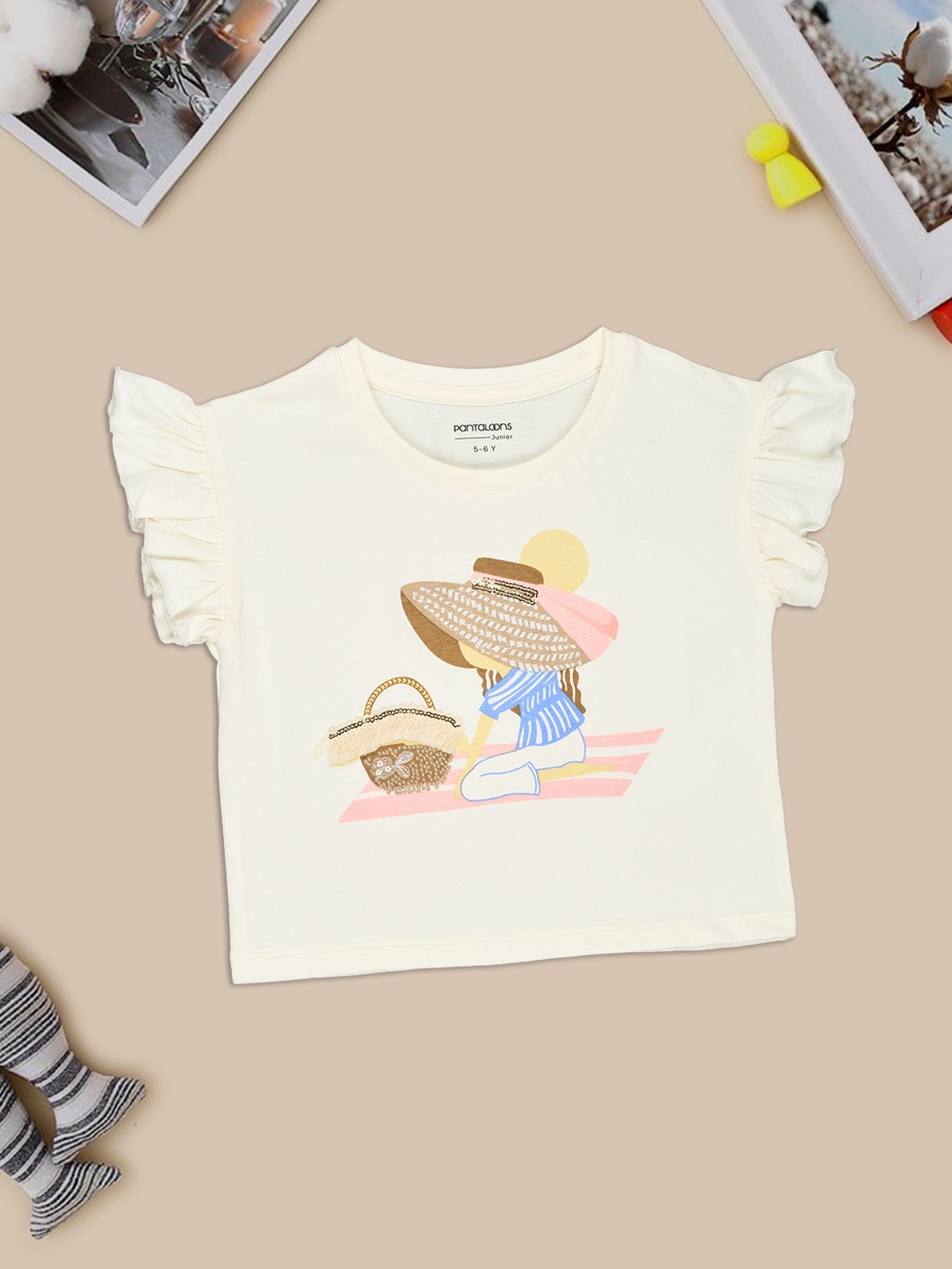 Cream Graphic Artwork Ruffle Sleeve T-Shirt