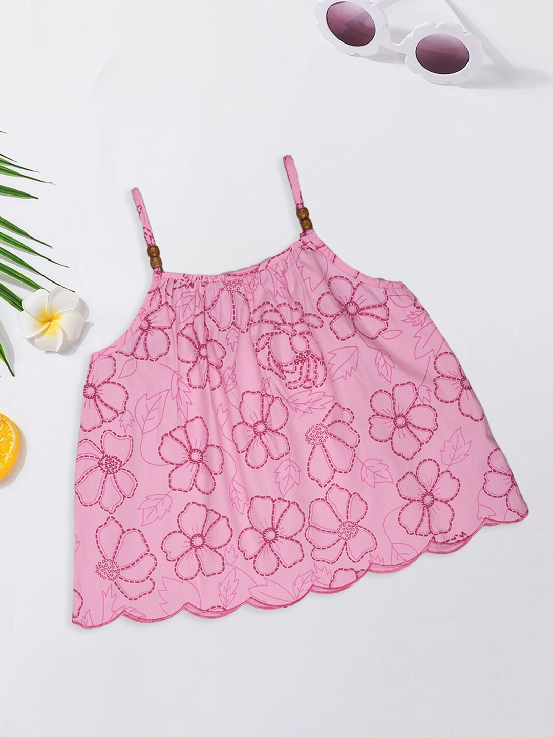 Pink Floral Print Scalloped Hem Strappy Top