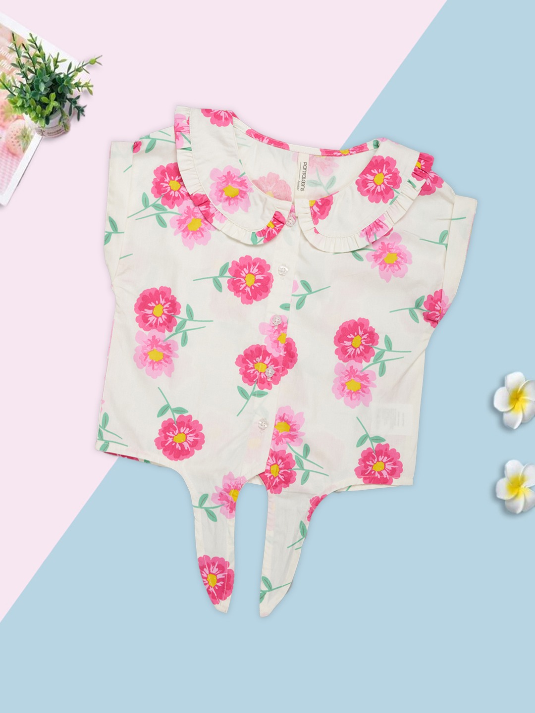 White Floral Peter Pan Collar Top with Tie-up Hem