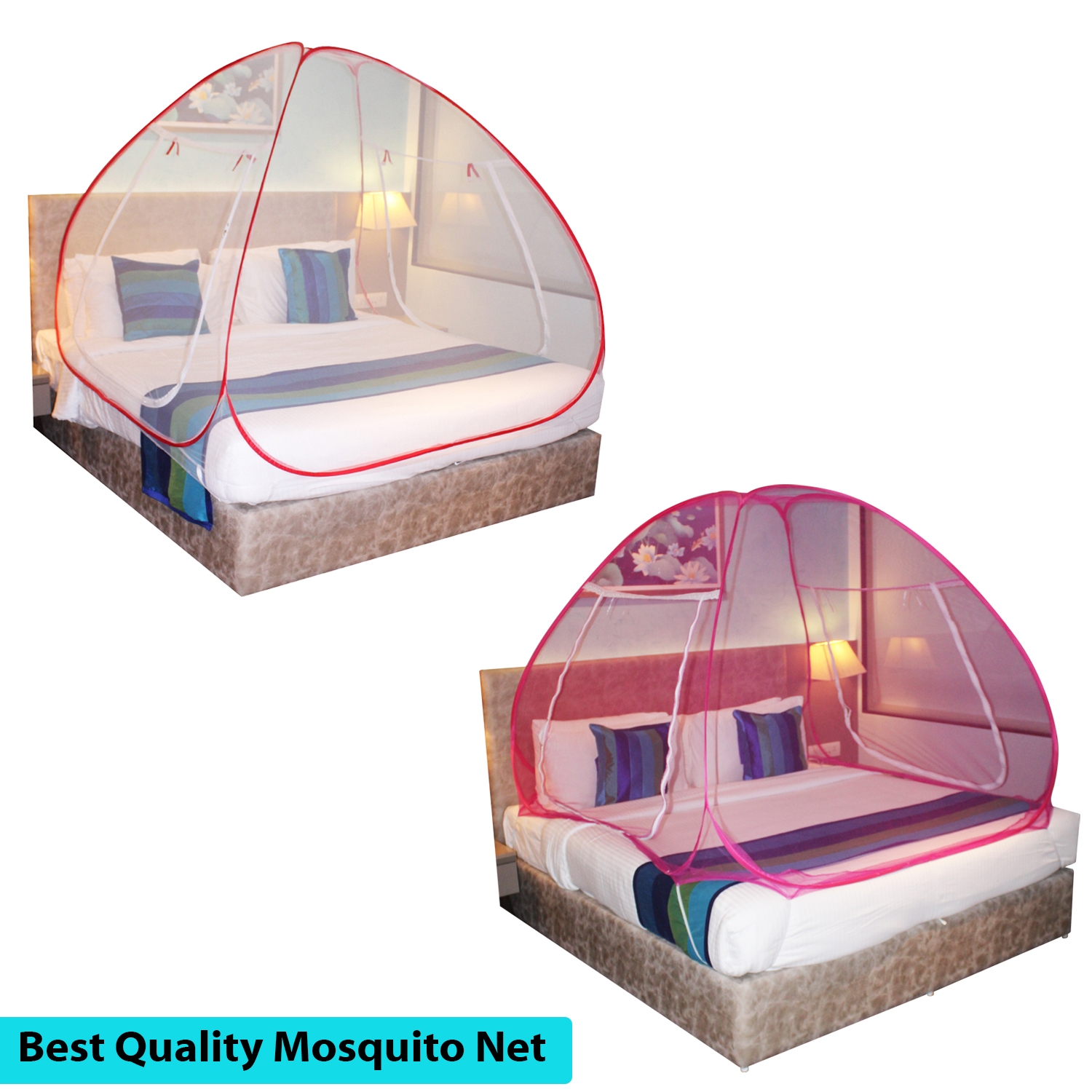 Paola Jewels | Paola Mosquito Net Combo Red Patti And Pink Foldable Double Bed Net King Size Easily Wash Pack Of 2  0