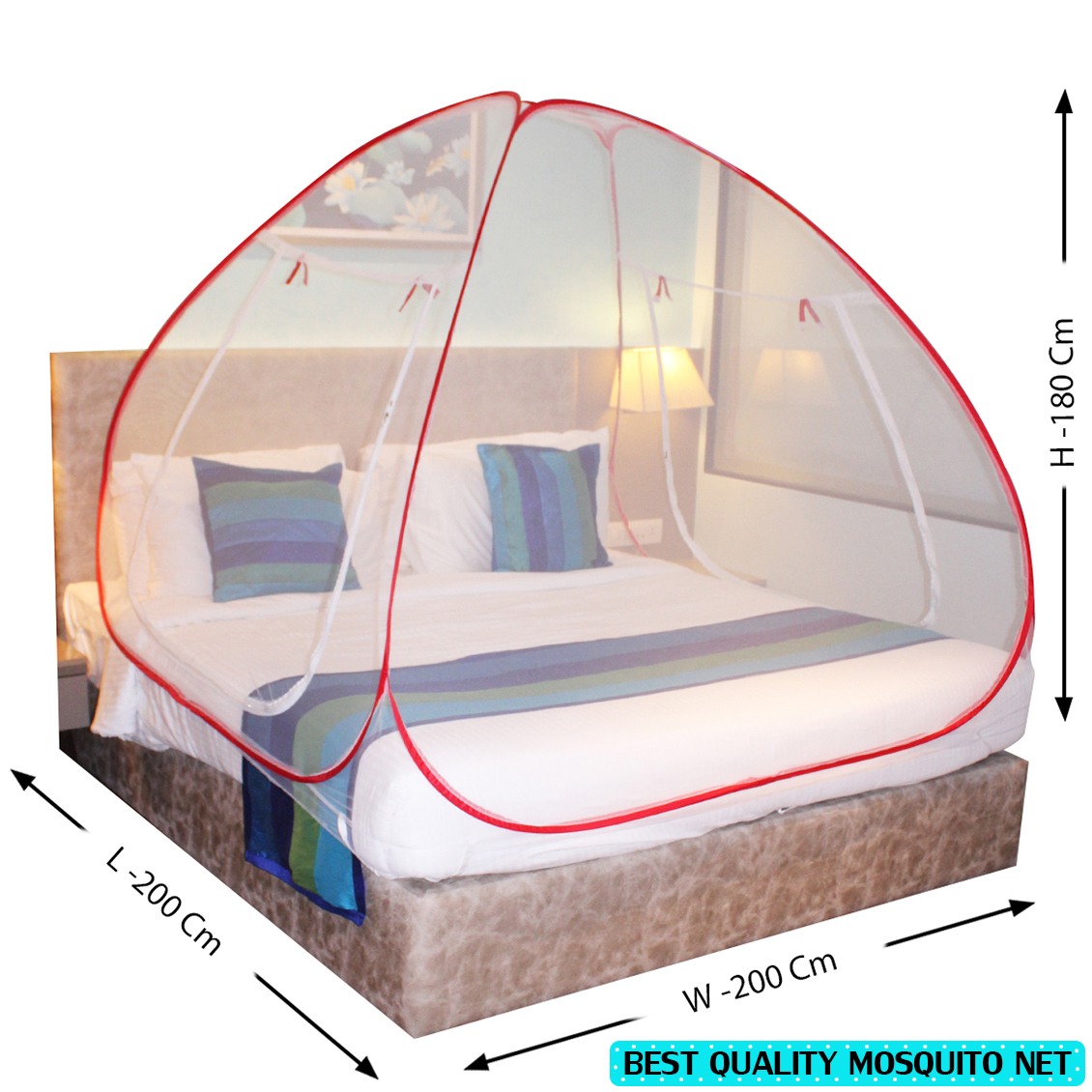 Paola Mosquito Net Combo Red Patti And Blue Foldable Double Bed Net King Size Easily Wash Pack Of 2 