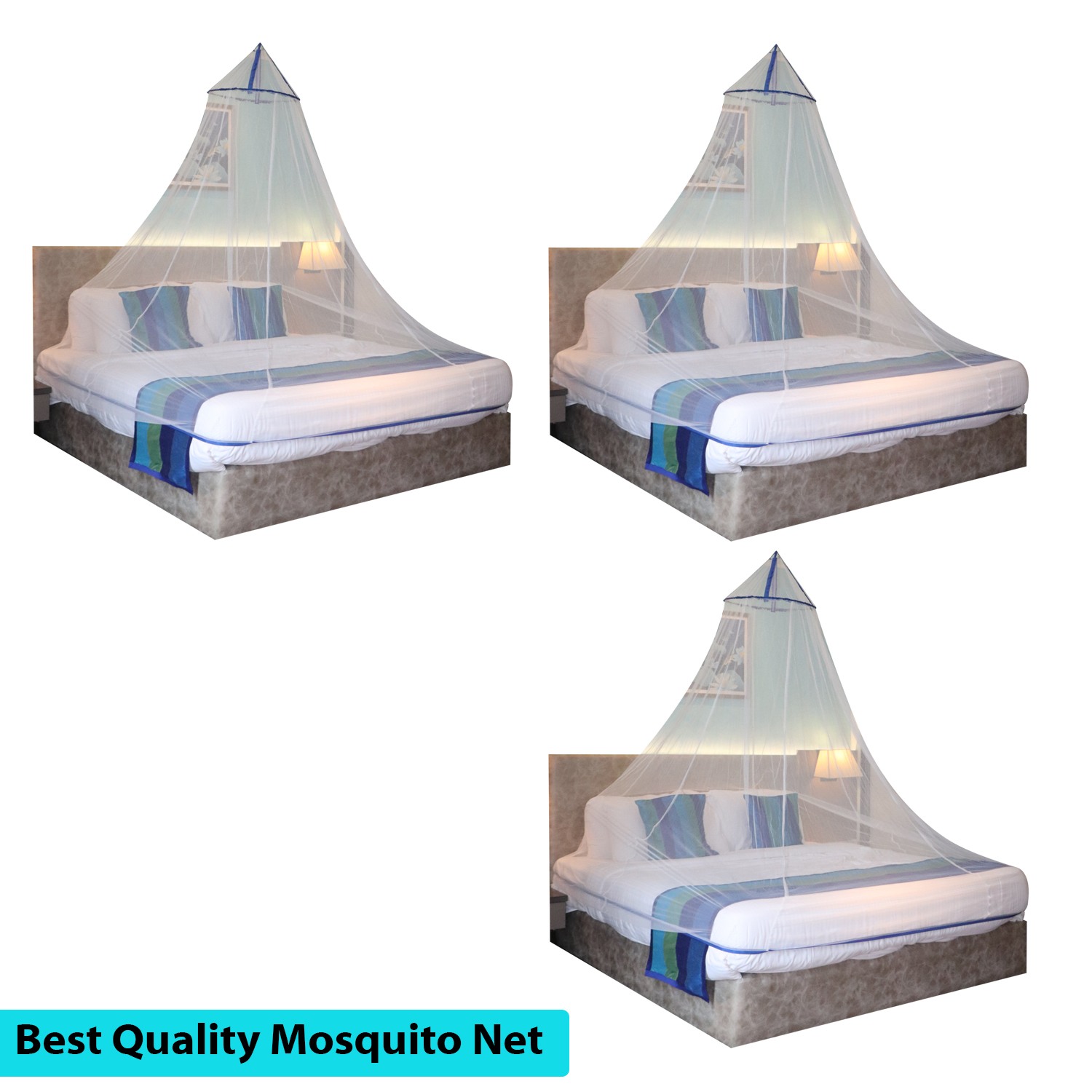 Mosquito Net for Double Bed, King-Size, Round Ceiling Hanging Foldable Polyester Net White And Blue Pack 3 