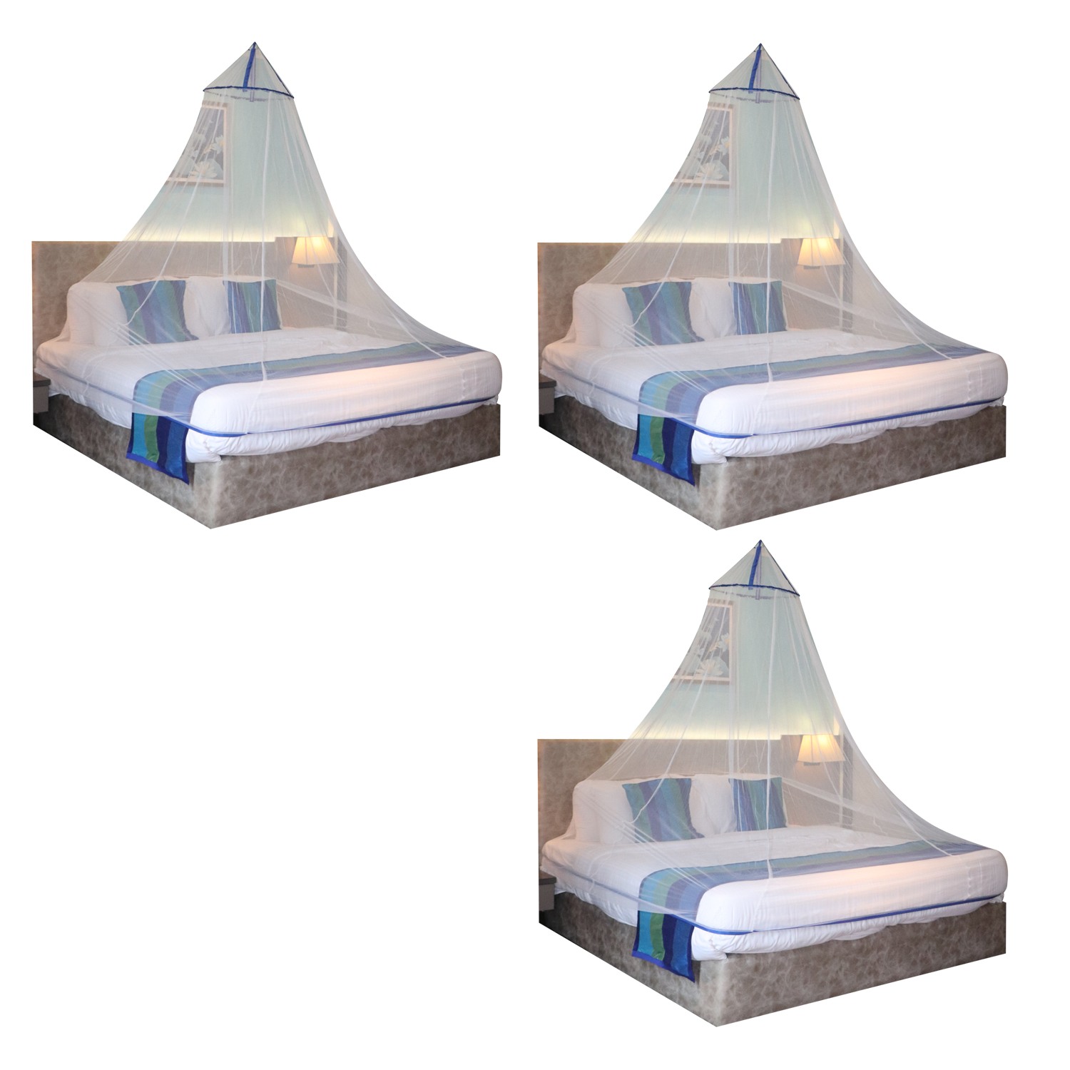 Mosquito Net for Double Bed, King-Size, Round Ceiling Hanging Foldable Polyester Net White And Blue Pack 3 