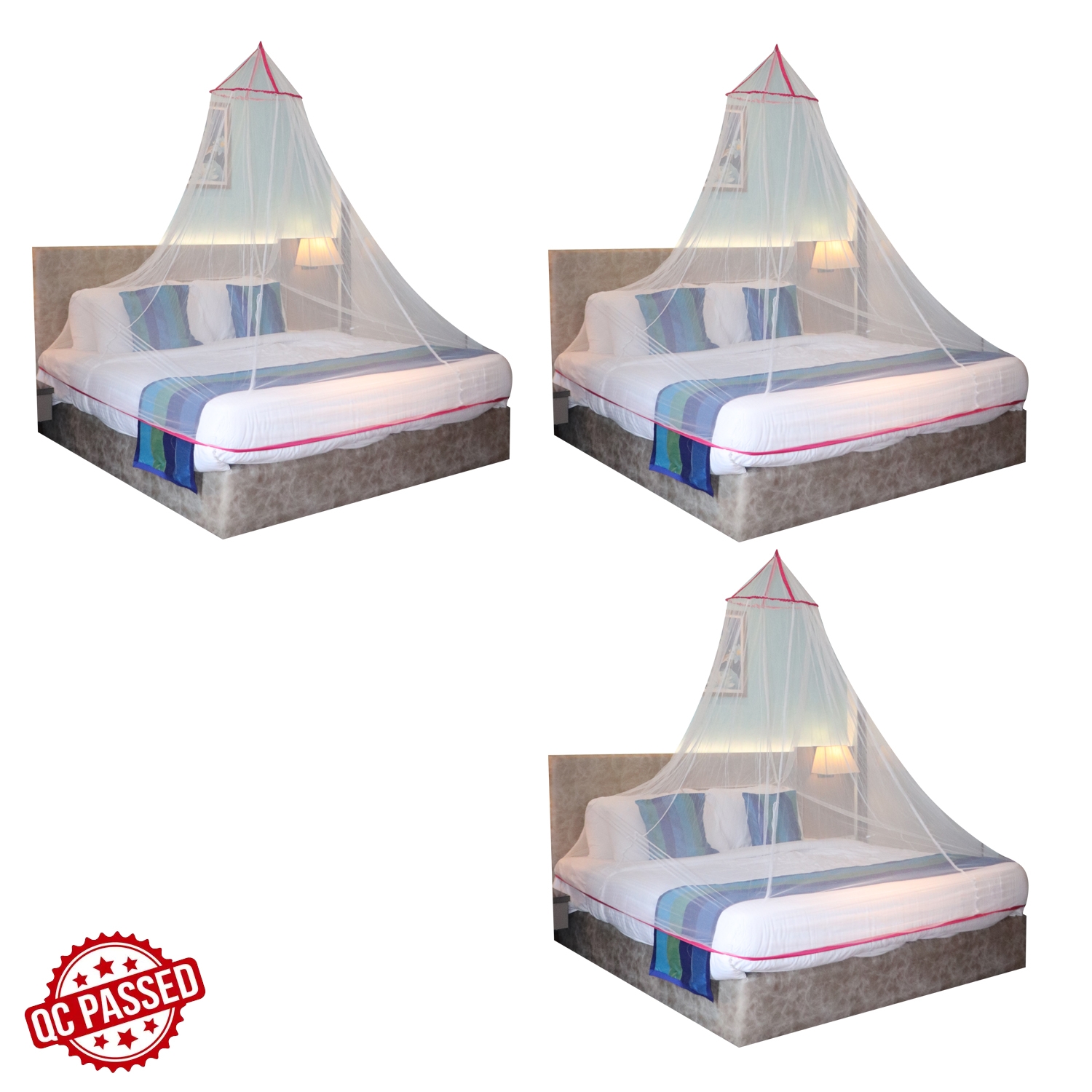 Paola Jewels | Mosquito Net for Double Bed, King-Size, Round Ceiling Hanging Foldable Polyester Net white And Pink Pack 3  1