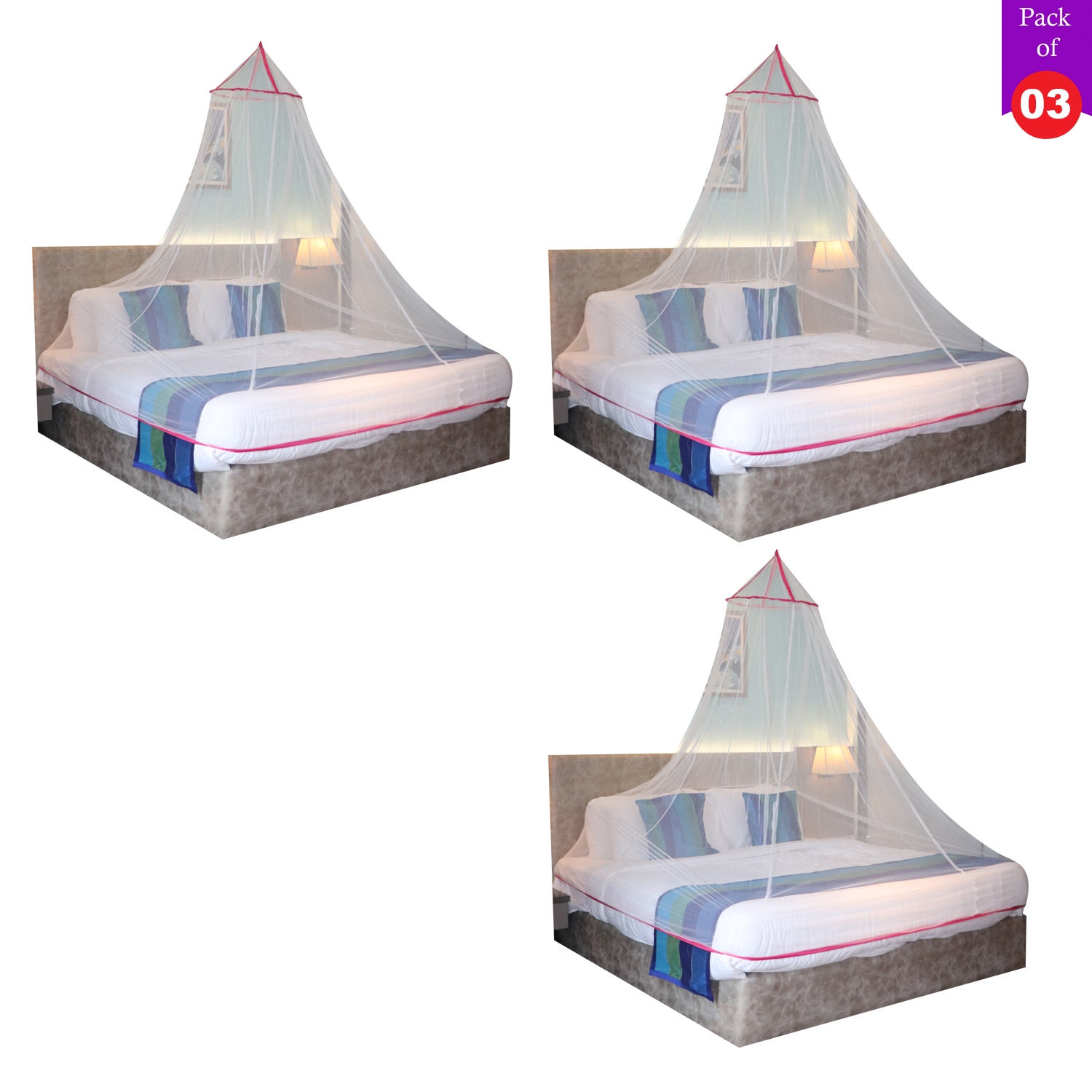 Paola Jewels | Mosquito Net for Double Bed, King-Size, Round Ceiling Hanging Foldable Polyester Net white And Pink Pack 3  2