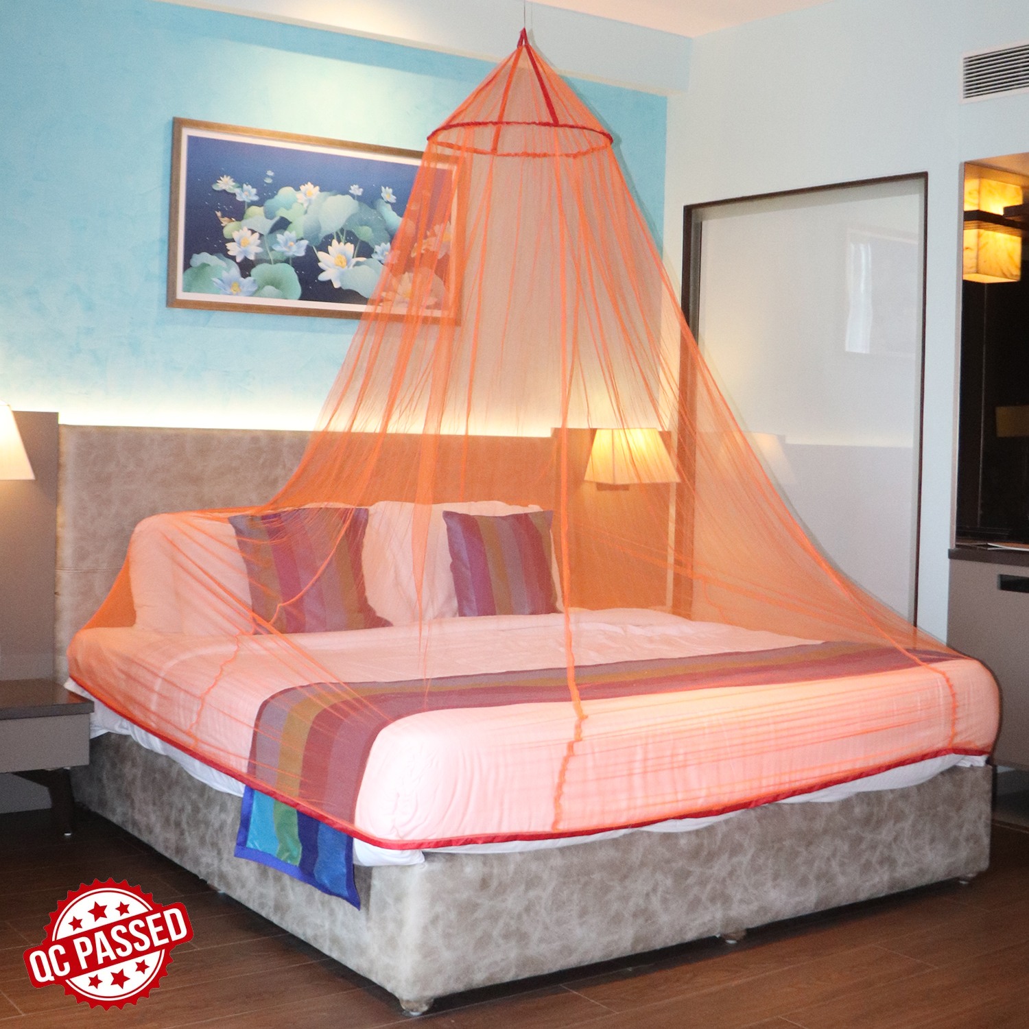 Mosquito Net for Double Bed, King-Size, Round Ceiling Hanging Foldable Polyester Net Orange