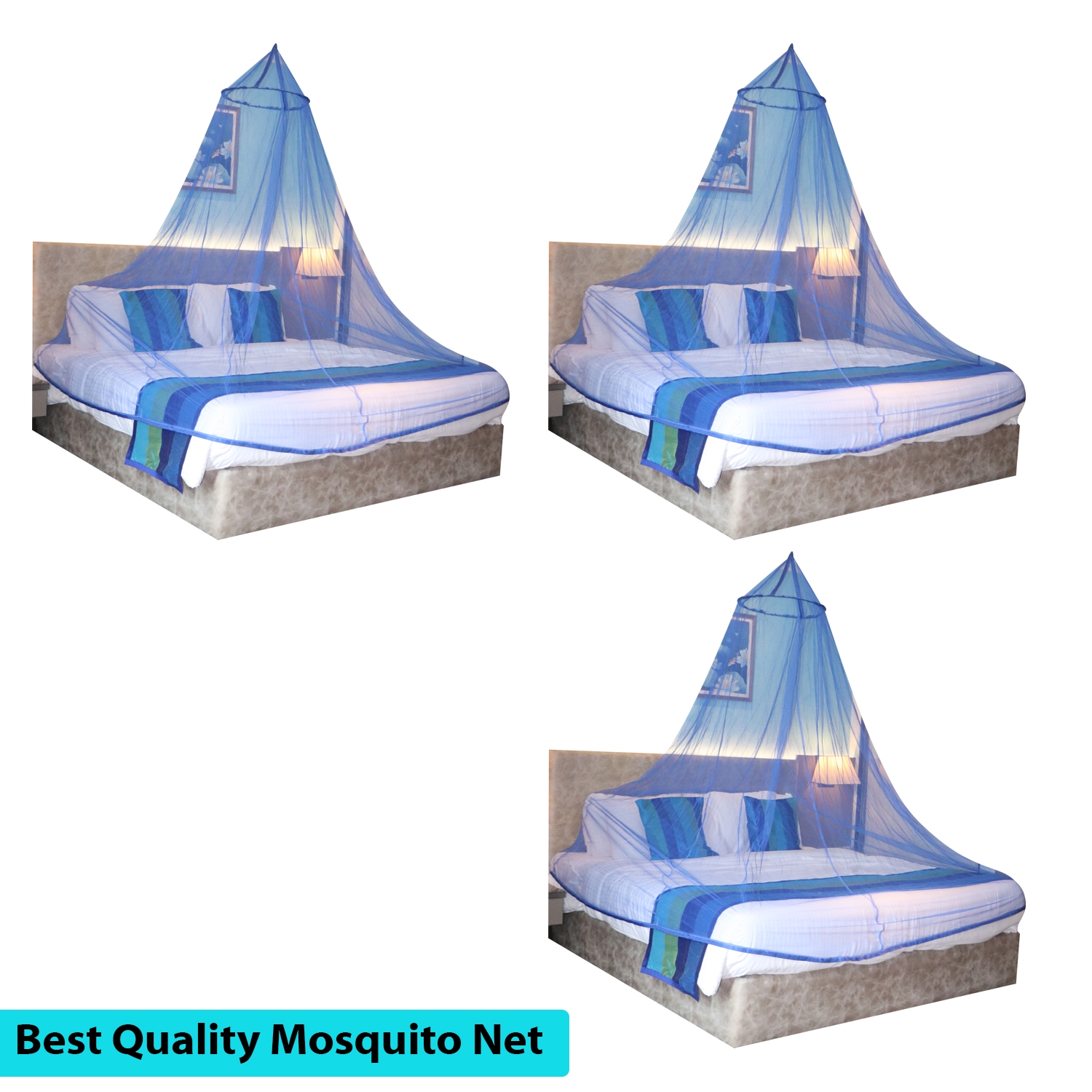Paola Jewels | Mosquito Net for Double Bed, King-Size, Round Ceiling Hanging Foldable Polyester Net Blue Pack 3  0