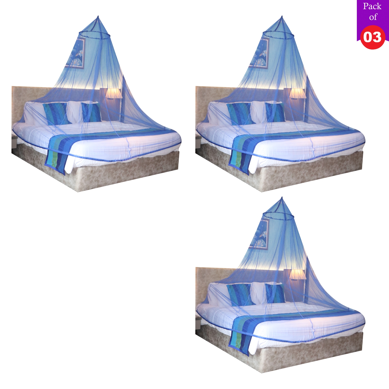 Paola Jewels | Mosquito Net for Double Bed, King-Size, Round Ceiling Hanging Foldable Polyester Net Blue Pack 3  2