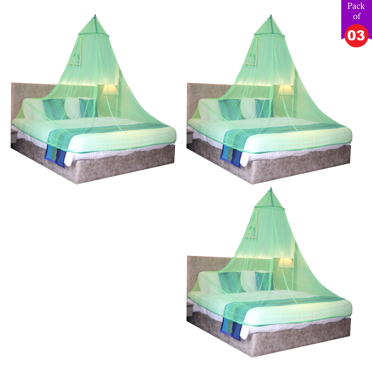 Mosquito Net for Double Bed, King-Size, Round Ceiling Hanging Foldable Polyester Net Green  Pack 3 