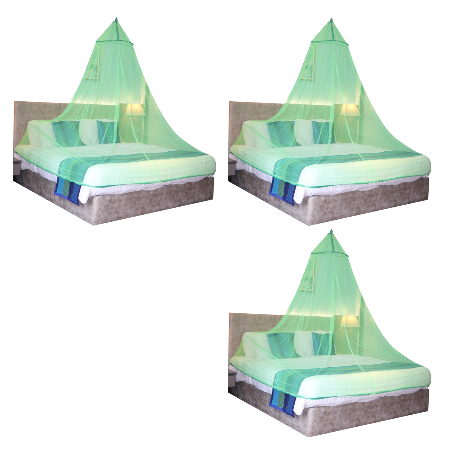 Mosquito Net for Double Bed, King-Size, Round Ceiling Hanging Foldable Polyester Net Green  Pack 3 