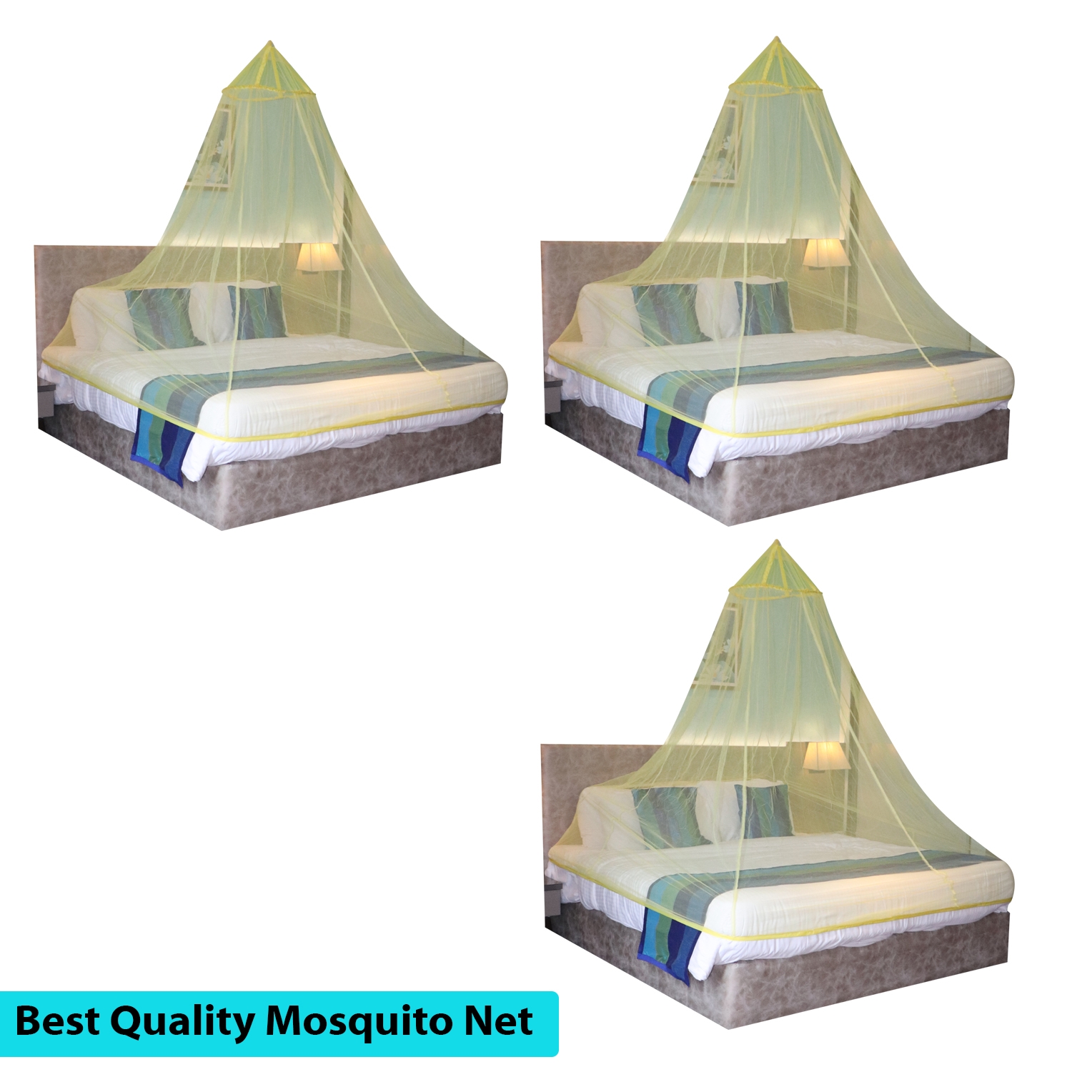 Mosquito Net for Double Bed, King-Size, Round Ceiling Hanging Foldable Polyester Net Yellow Pack 3 