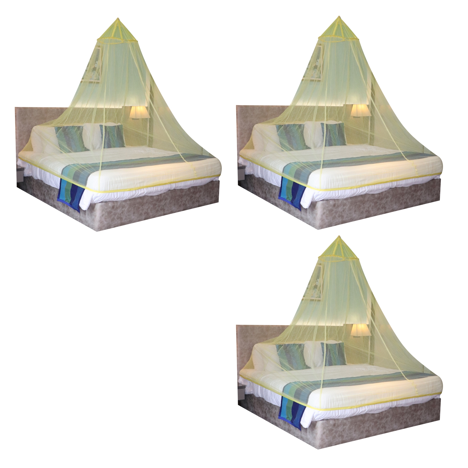 Mosquito Net for Double Bed, King-Size, Round Ceiling Hanging Foldable Polyester Net Yellow Pack 3 