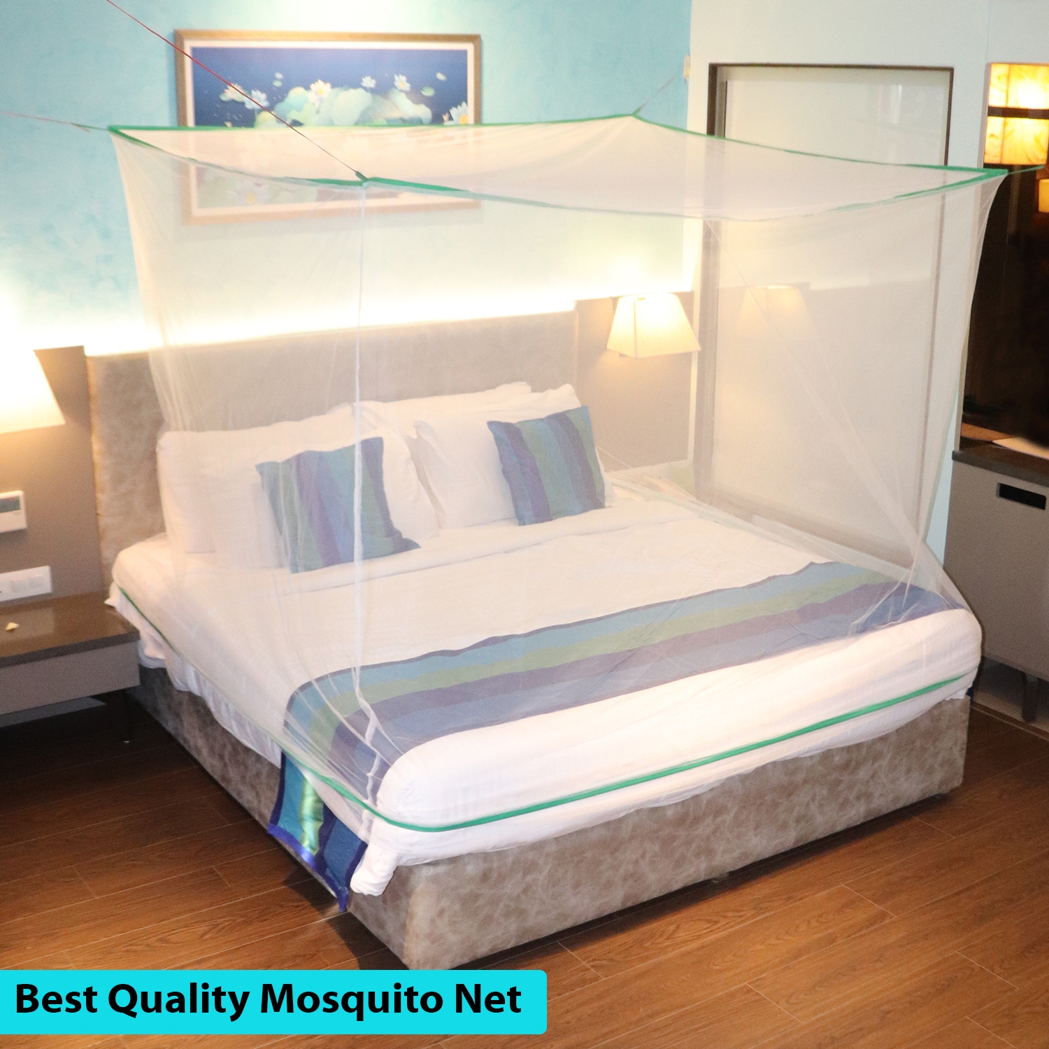 Paola Jewels | Mosquito Net for Double Bed, King-Size, Square Hanging Foldable Polyester Net White And Green 1