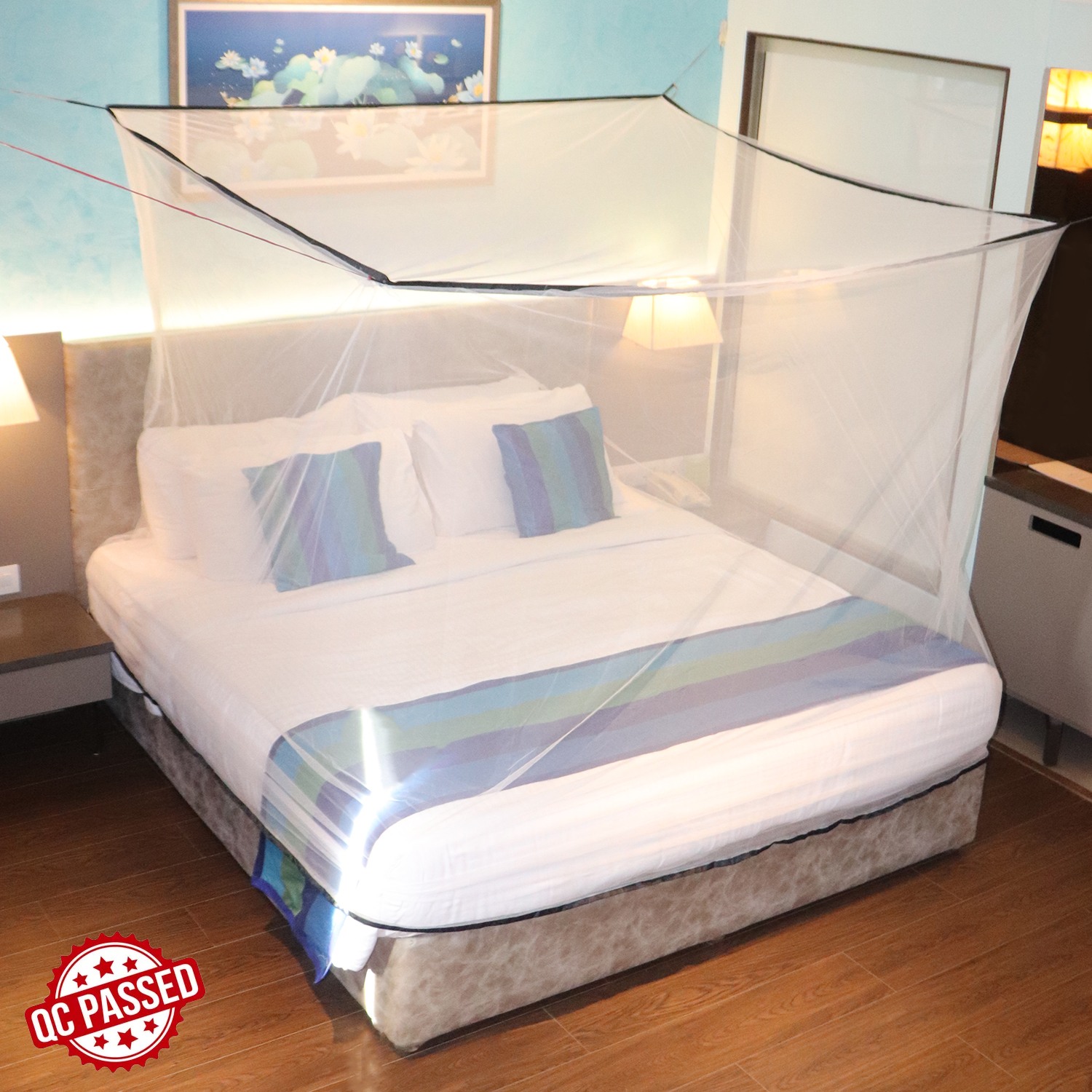 Mosquito Net for Double Bed, King-Size, Square Hanging Foldable Polyester Net White And Black