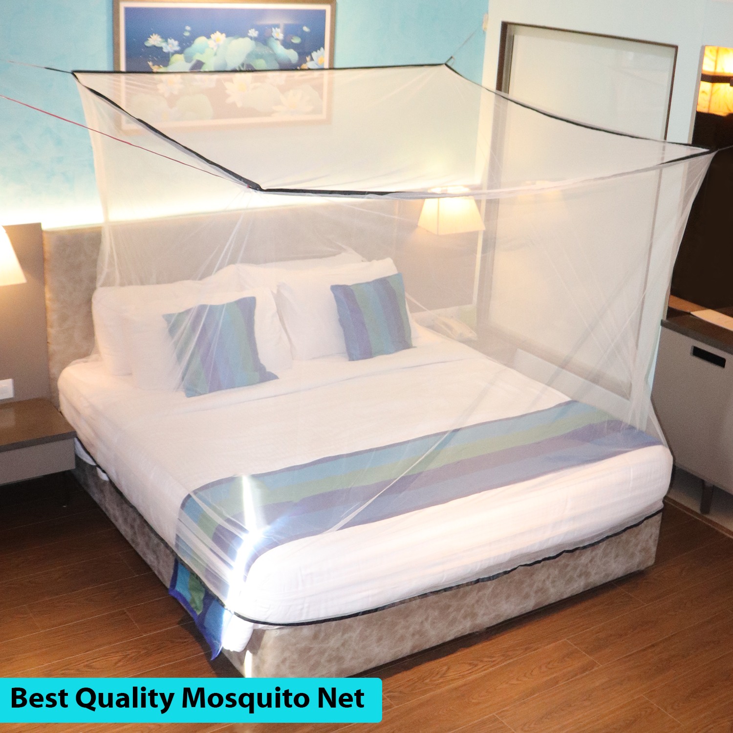 Mosquito Net for Double Bed, King-Size, Square Hanging Foldable Polyester Net White And Black