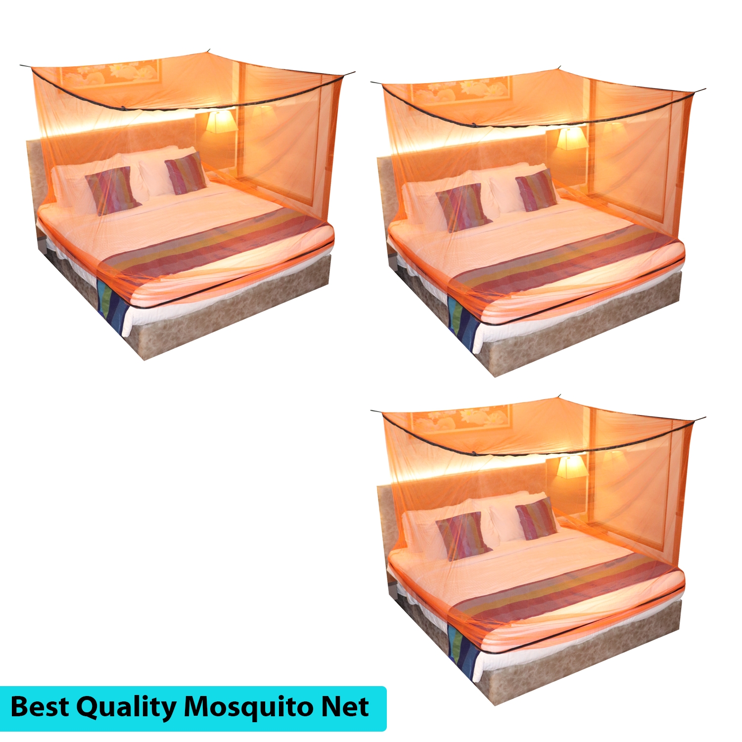 Paola Jewels | Mosquito Net for Double Bed, King-Size, Square Hanging Foldable Polyester Net Orange And Black Pack of 3 0