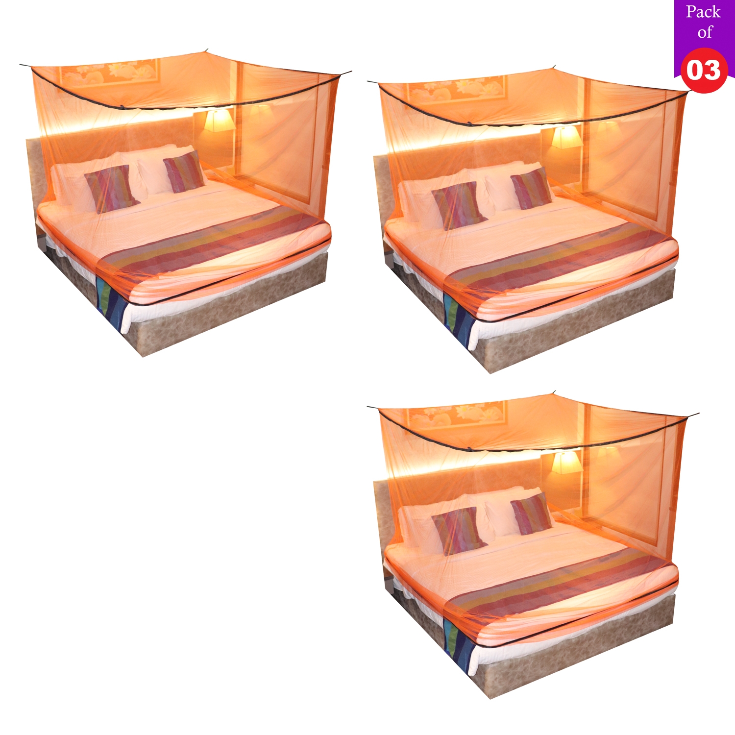 Paola Jewels | Mosquito Net for Double Bed, King-Size, Square Hanging Foldable Polyester Net Orange And Black Pack of 3 2