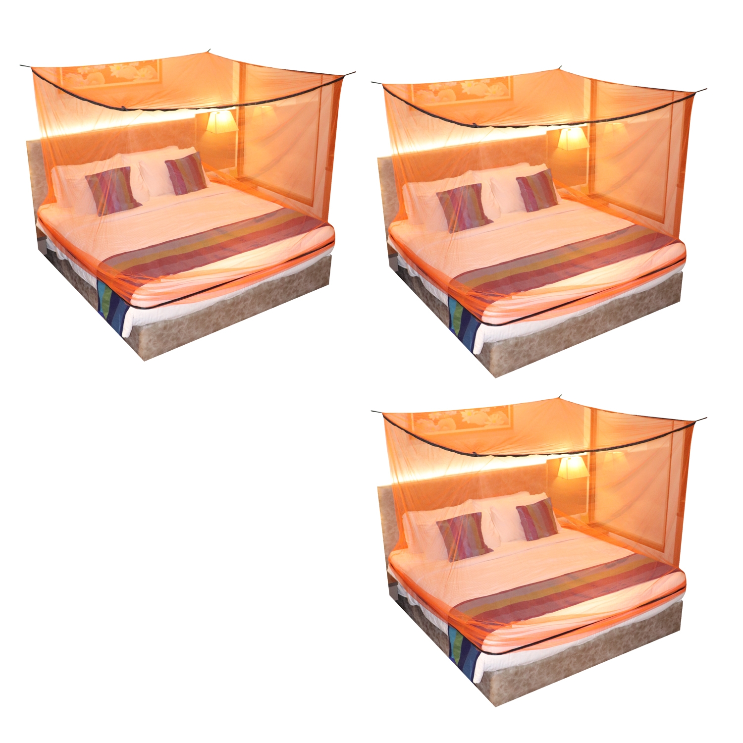 Paola Jewels | Mosquito Net for Double Bed, King-Size, Square Hanging Foldable Polyester Net Orange And Black Pack of 3 3