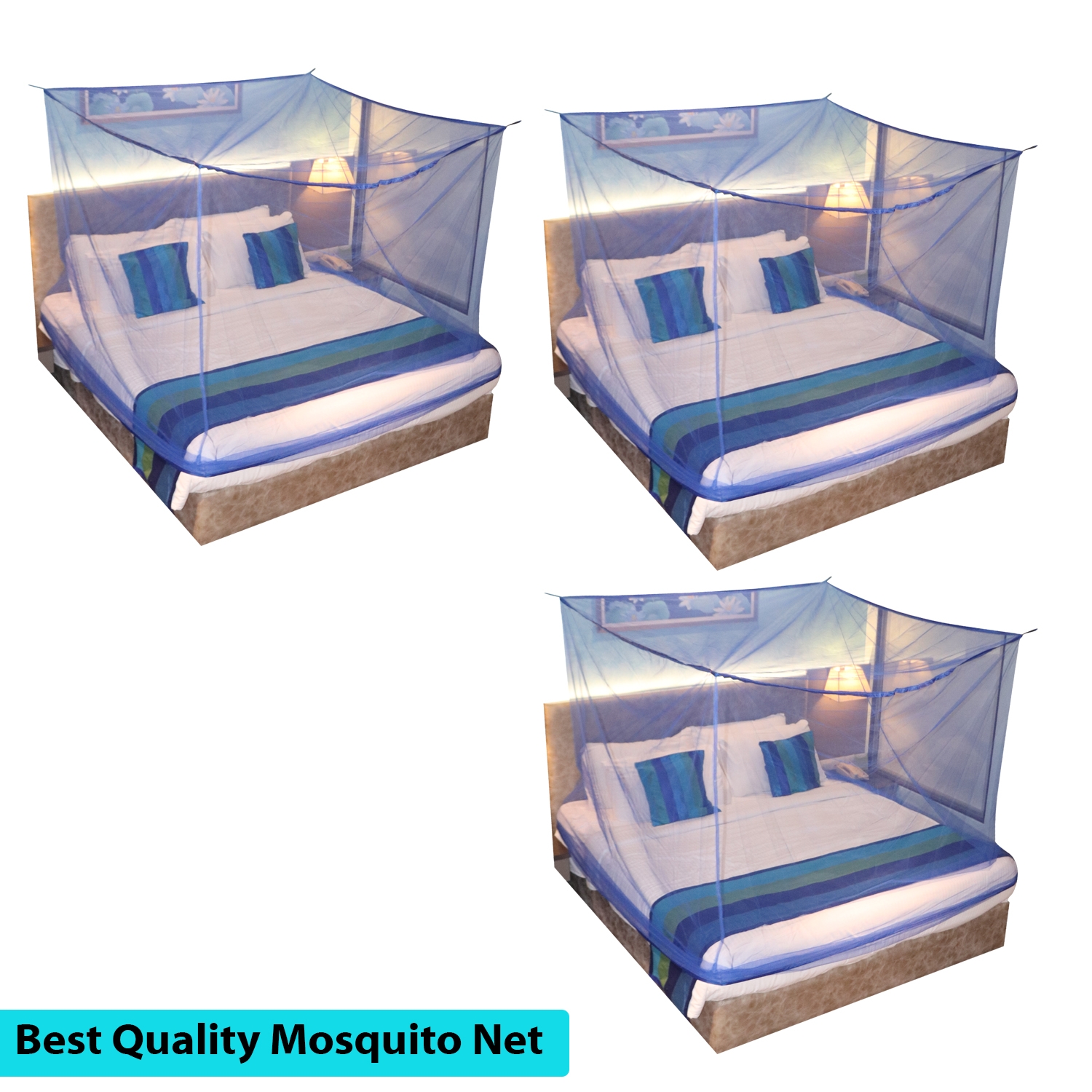 Paola Jewels | Mosquito Net for Double Bed, King-Size, Square Hanging Foldable Polyester Net BluePack of 3 0