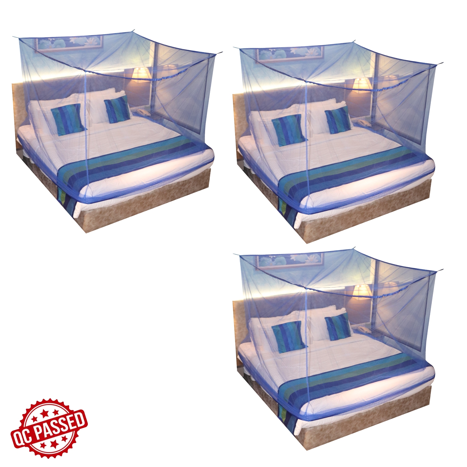 Paola Jewels | Mosquito Net for Double Bed, King-Size, Square Hanging Foldable Polyester Net BluePack of 3 1