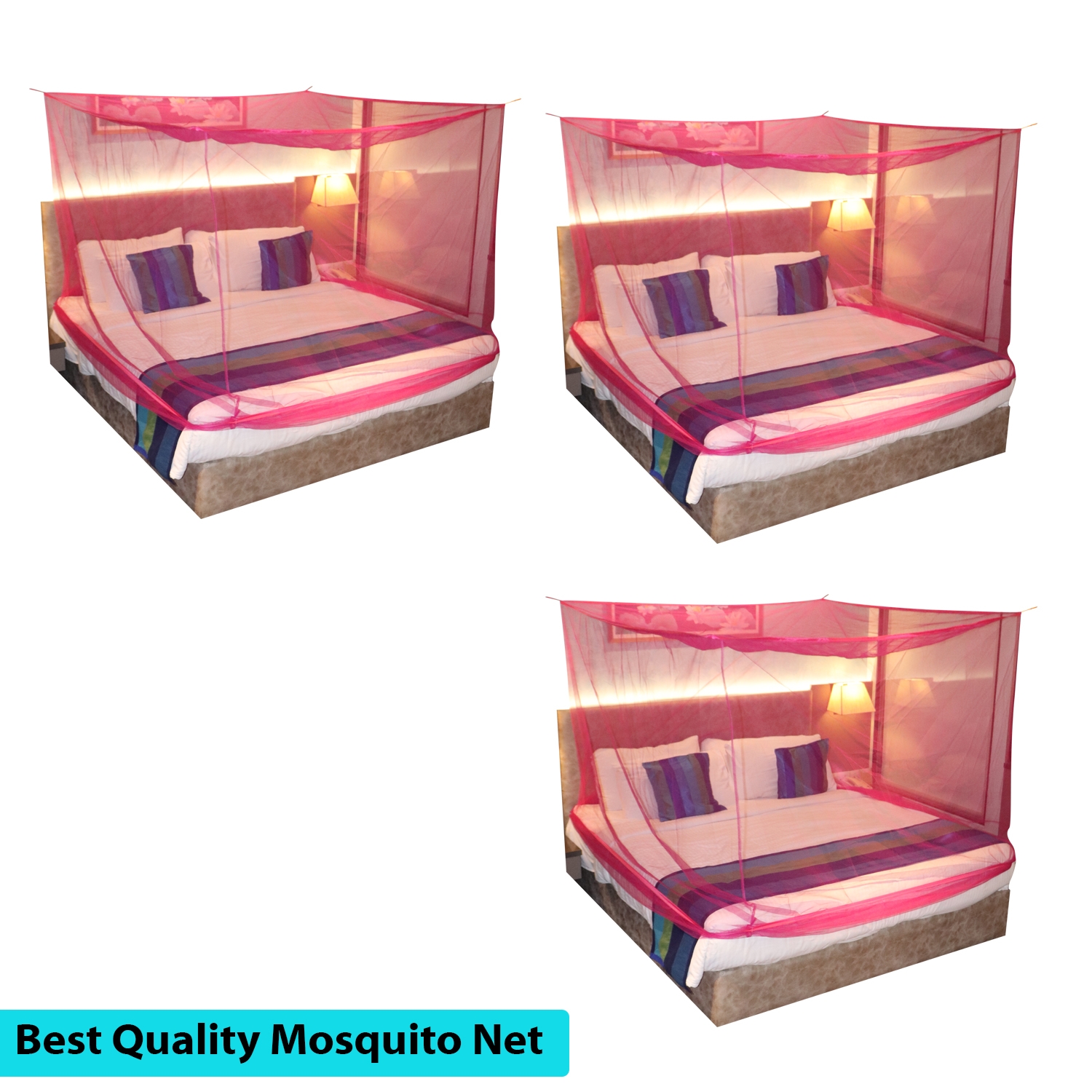 Paola Jewels | Mosquito Net for Double Bed, King-Size, Square Hanging Foldable Polyester Net Pink Pack of 3 0