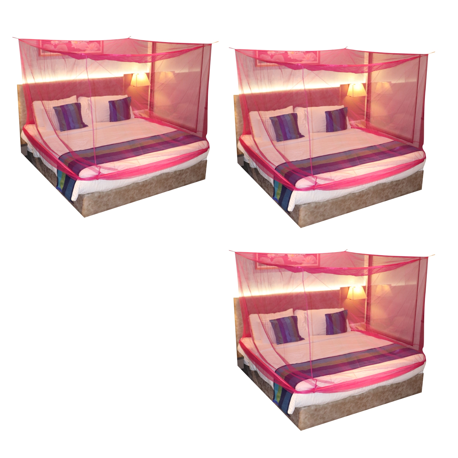 Paola Jewels | Mosquito Net for Double Bed, King-Size, Square Hanging Foldable Polyester Net Pink Pack of 3 3