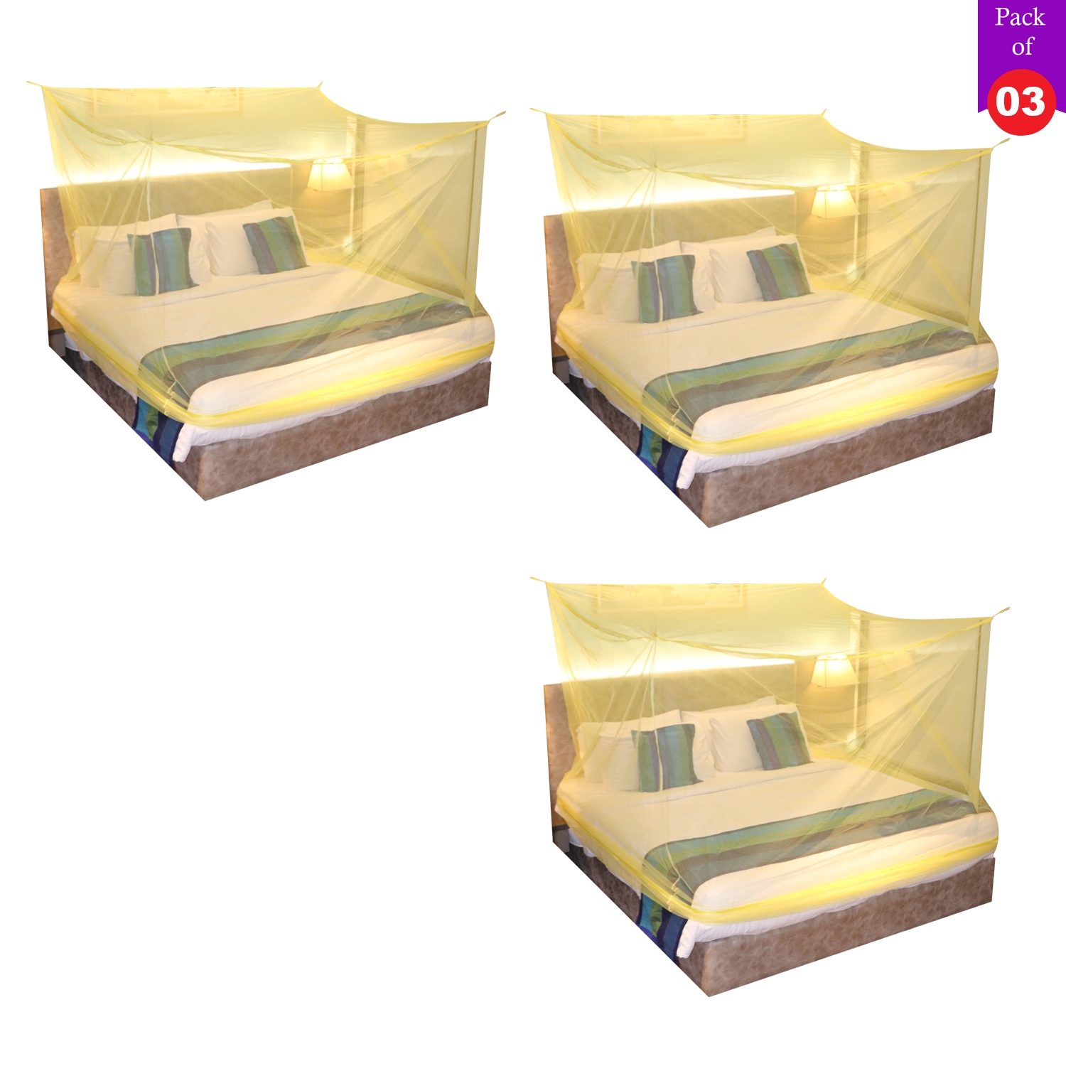 Paola Jewels | Mosquito Net for Double Bed, King-Size, Square Hanging Foldable Polyester Net YellowPack of 3 2
