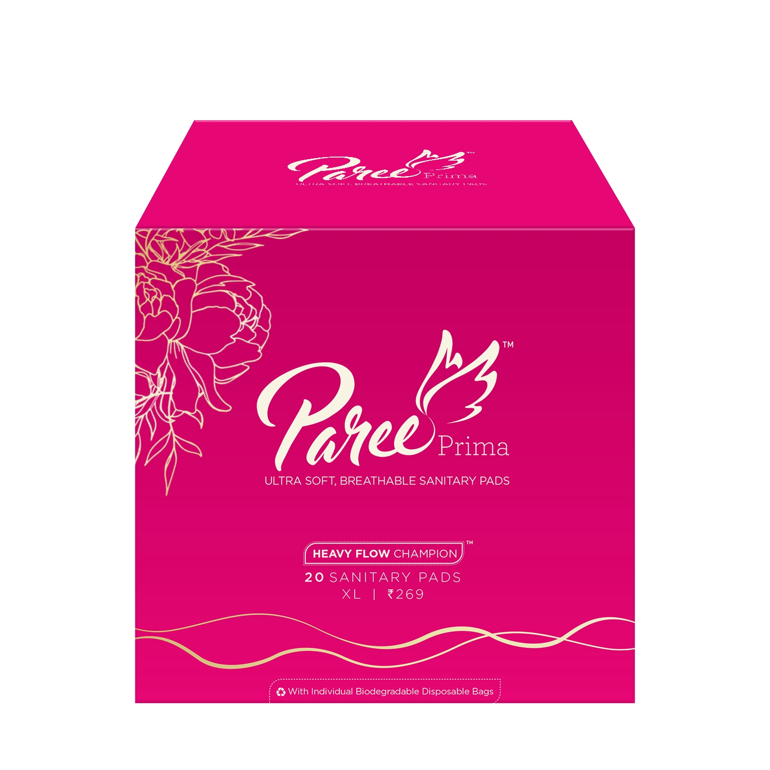 Paree | Paree Prima Premium Ultra Soft Breathable XL Sanitary Pads for Heavy Flow, With Biodegradable Disposable Bags, 20 Pads 0