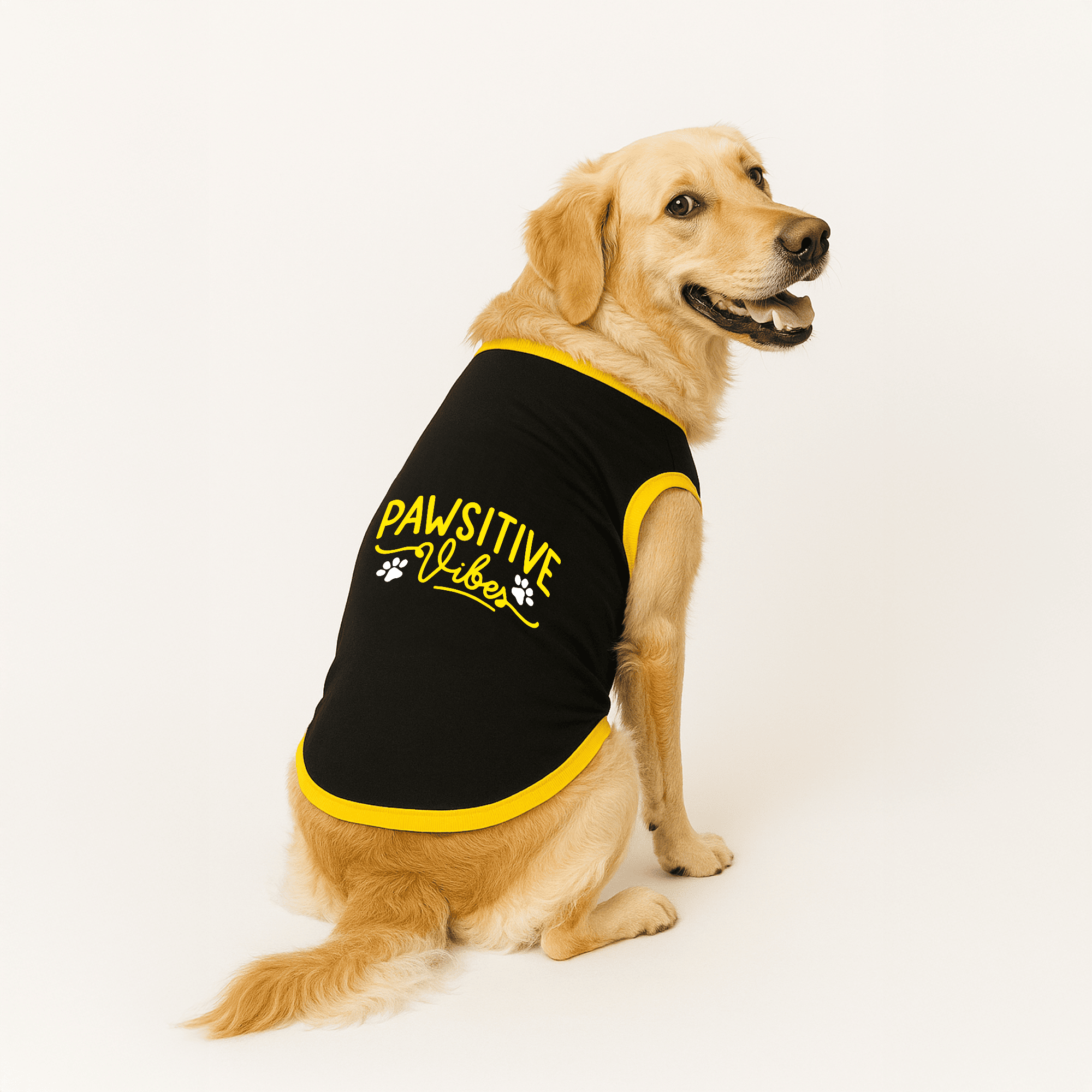 PawsIndia Ribbed Sleeves Printed Dog T-Shirt - Pawsitive Vibes (Black)