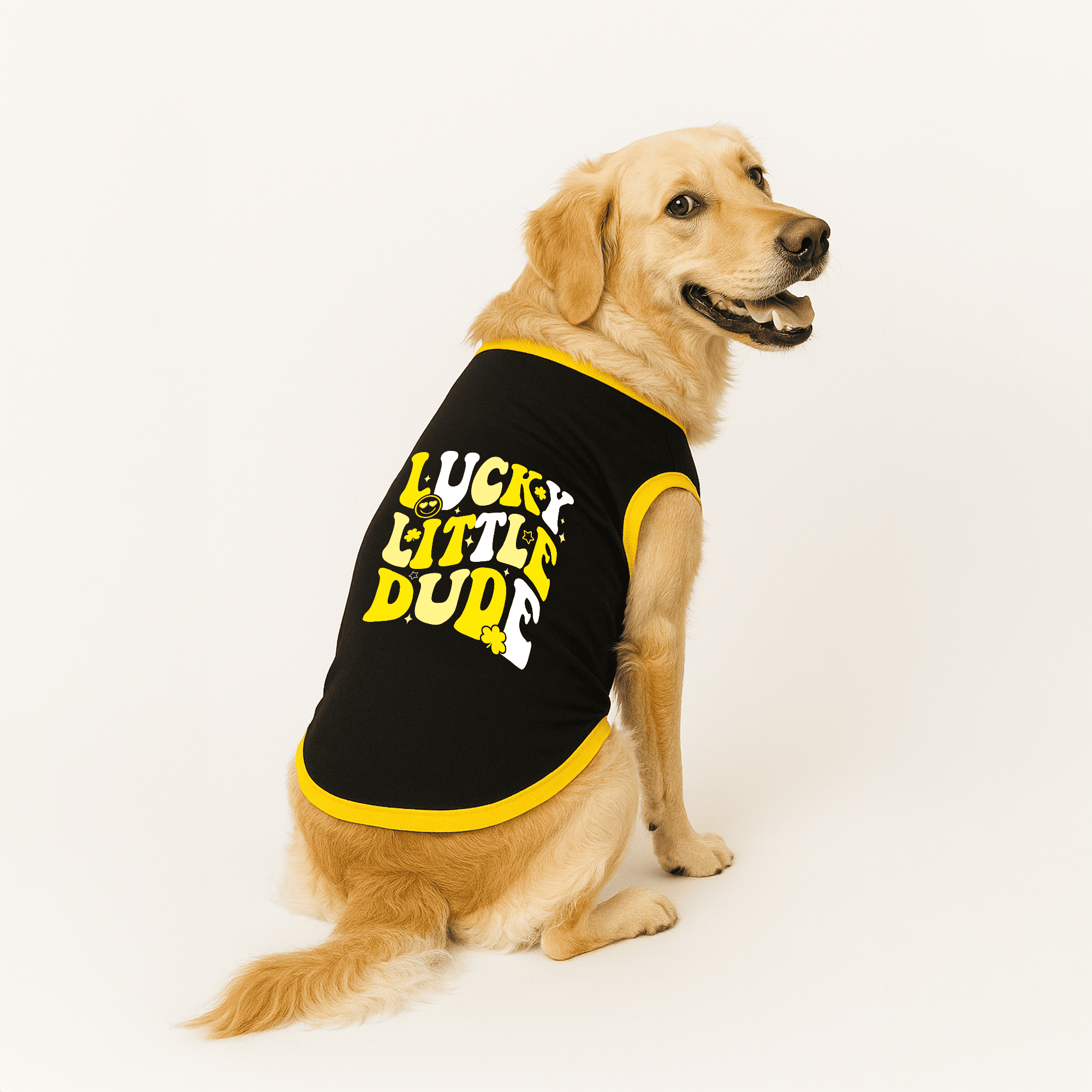 PawsIndia Ribbed Sleeves Printed Dog T-Shirt - Lucky Little Dude (Black)
