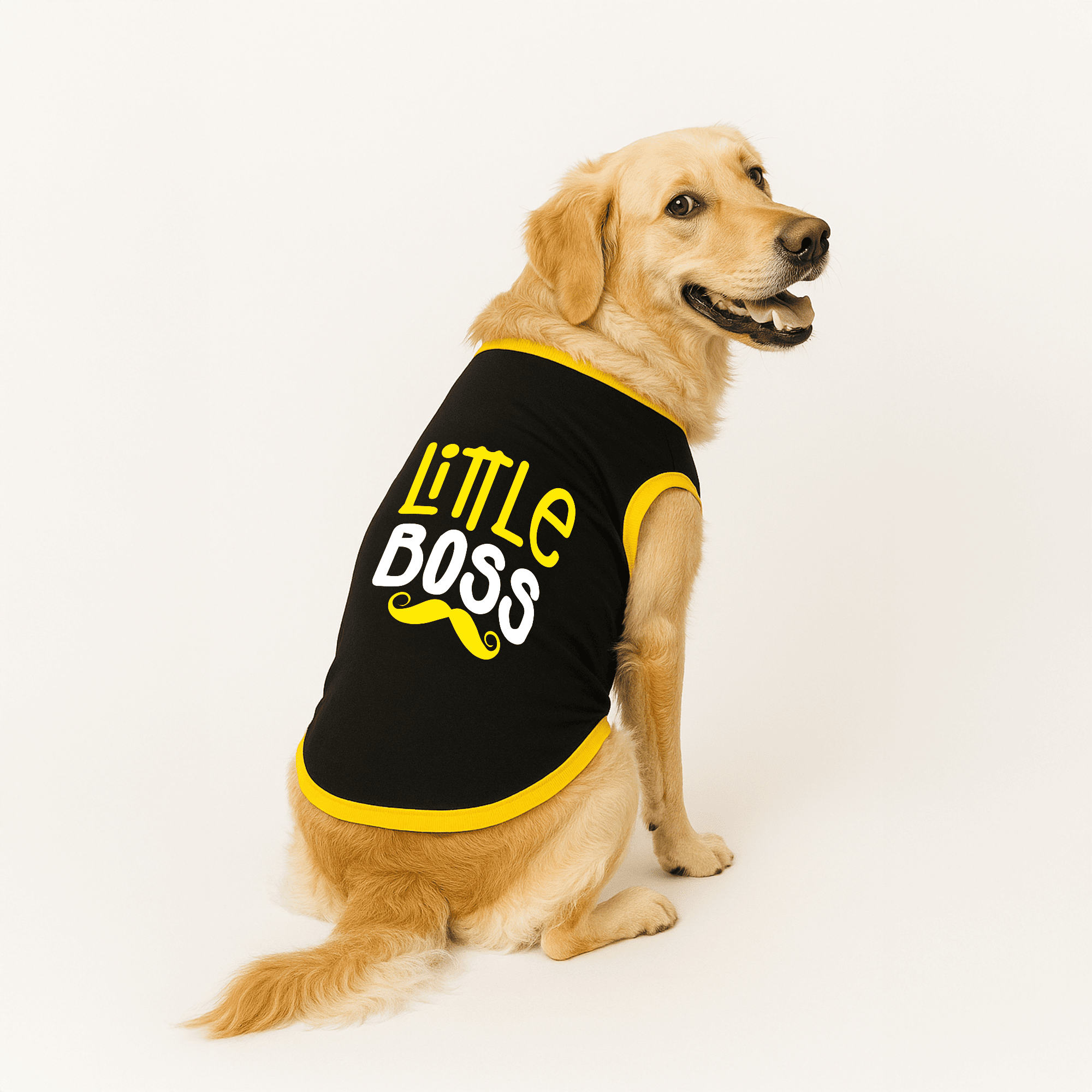 PawsIndia Ribbed Sleeves Printed Dog T-Shirt - Little Boss (Black)