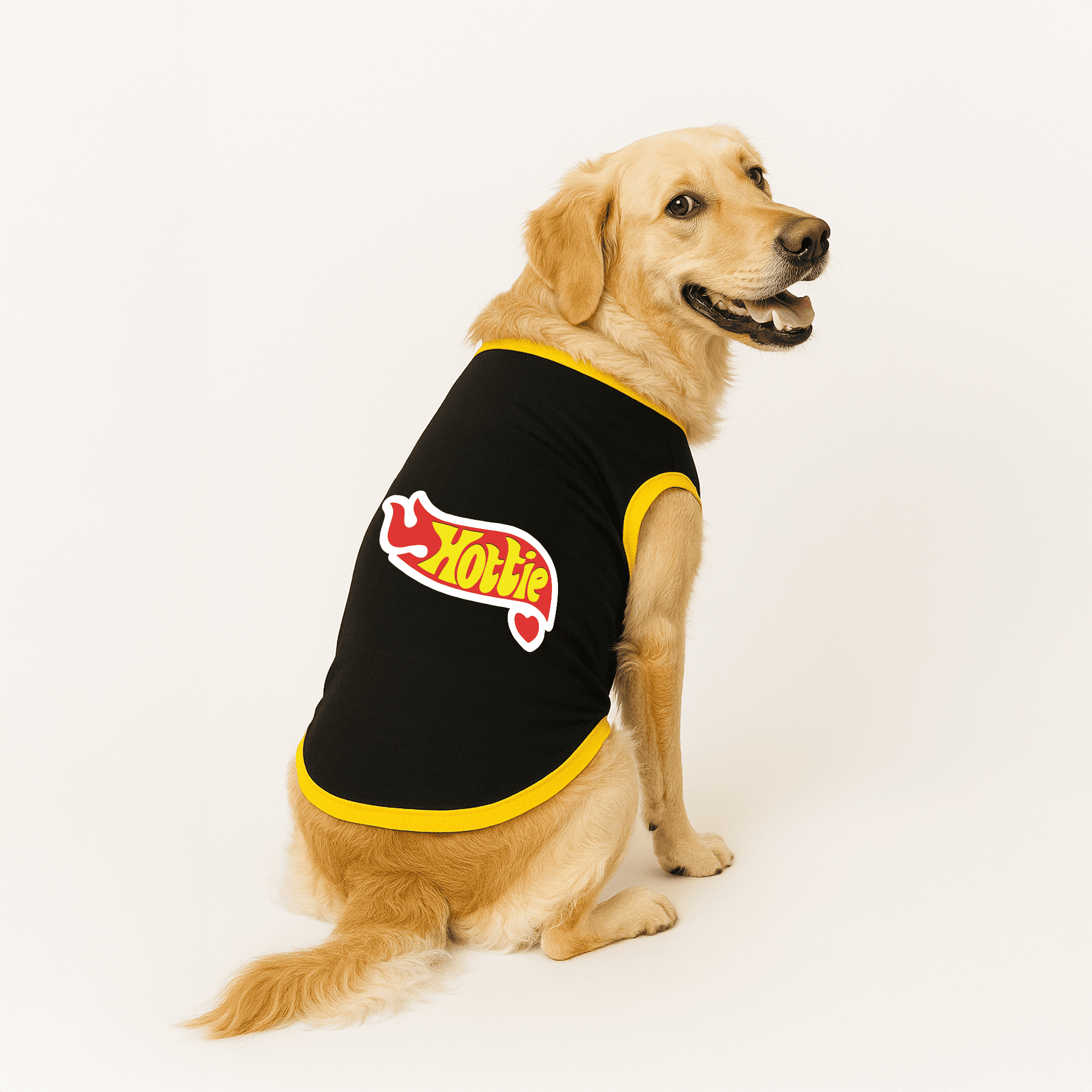 PawsIndia Ribbed Sleeves Printed Dog T-Shirt - Hottie (Black)