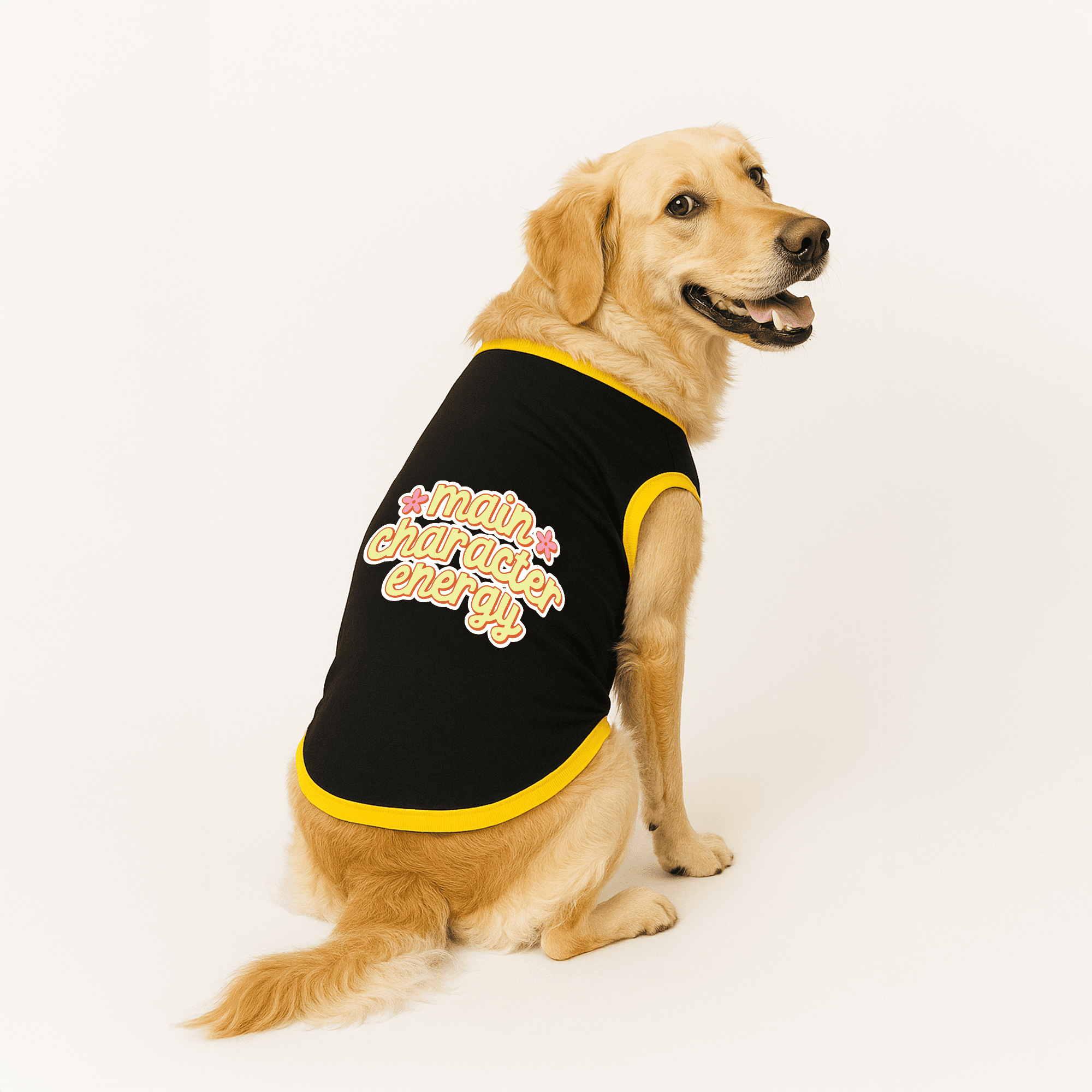 PawsIndia Ribbed Sleeves Printed Dog T-Shirt - Main Character Energy (Black)