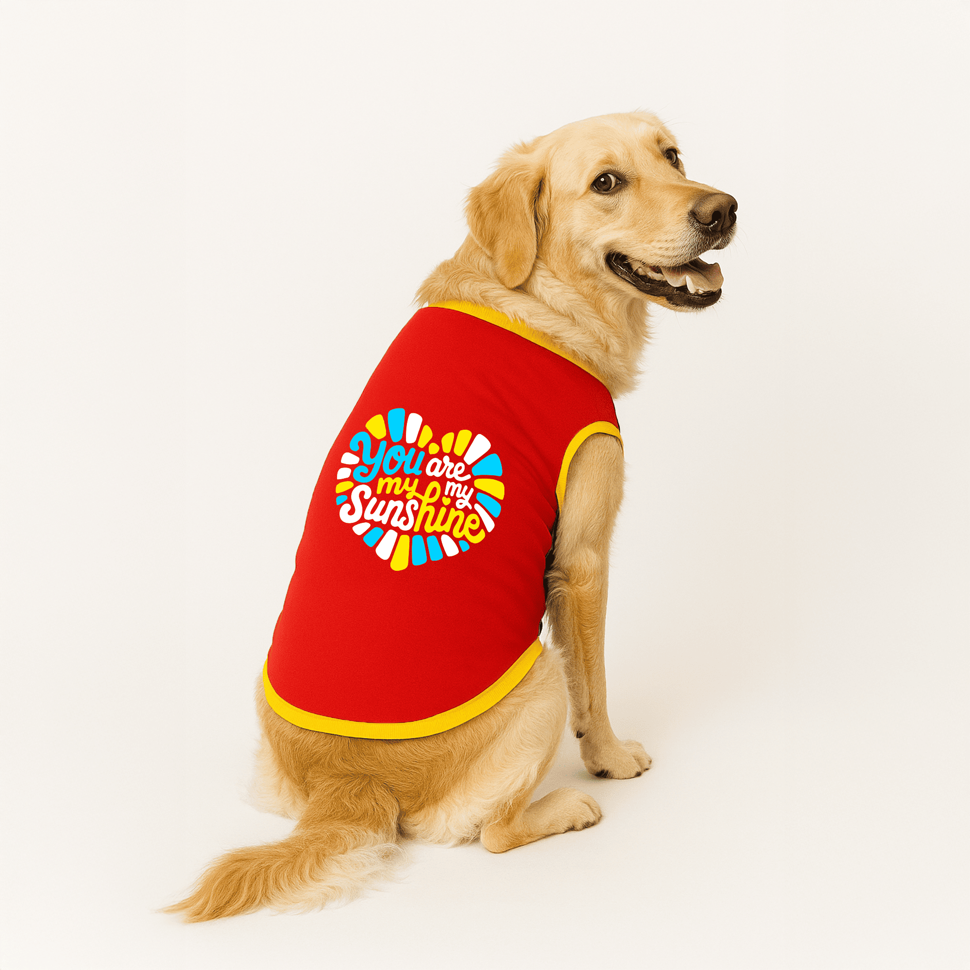 PawsIndia Ribbed Sleeves Printed Dog T-Shirt - You Are My Sunshine (Red)
