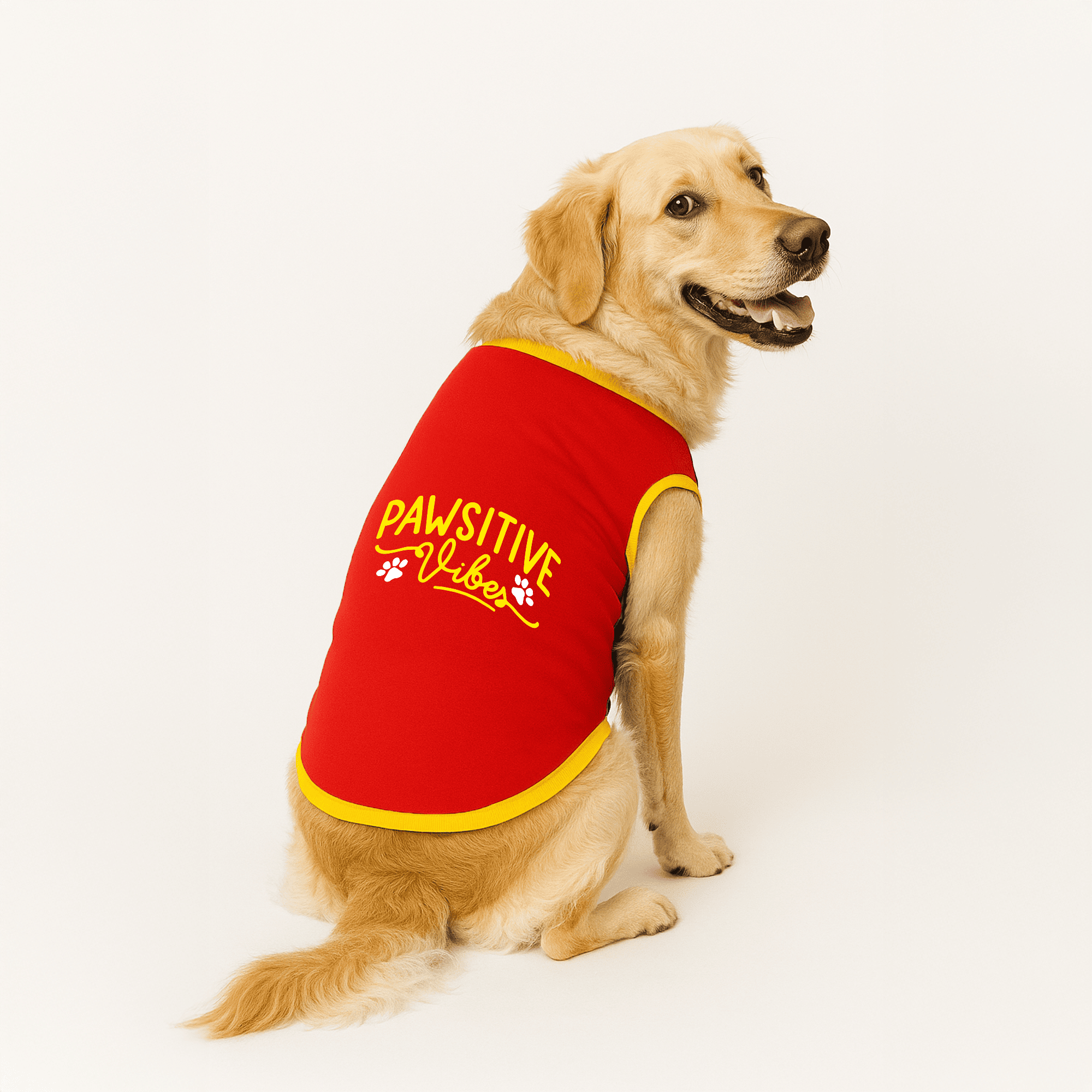 PawsIndia Ribbed Sleeves Printed Dog T-Shirt - Pawsitive Vibes (Red)