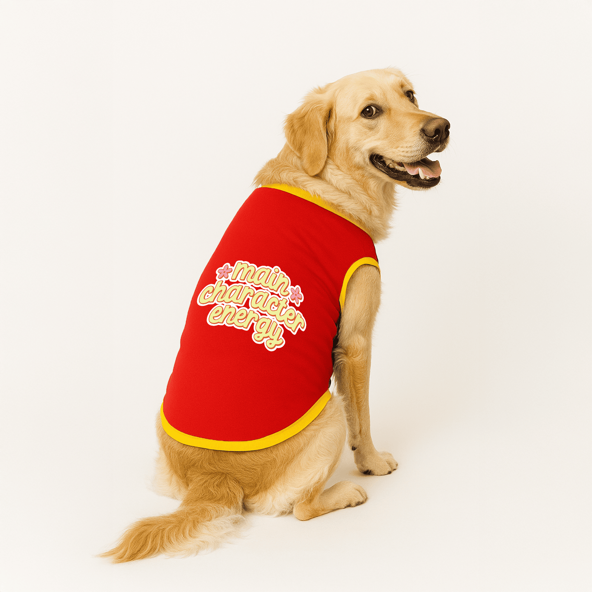 PawsIndia Ribbed Sleeves Printed Dog T-Shirt - Main Character Energy (Red)