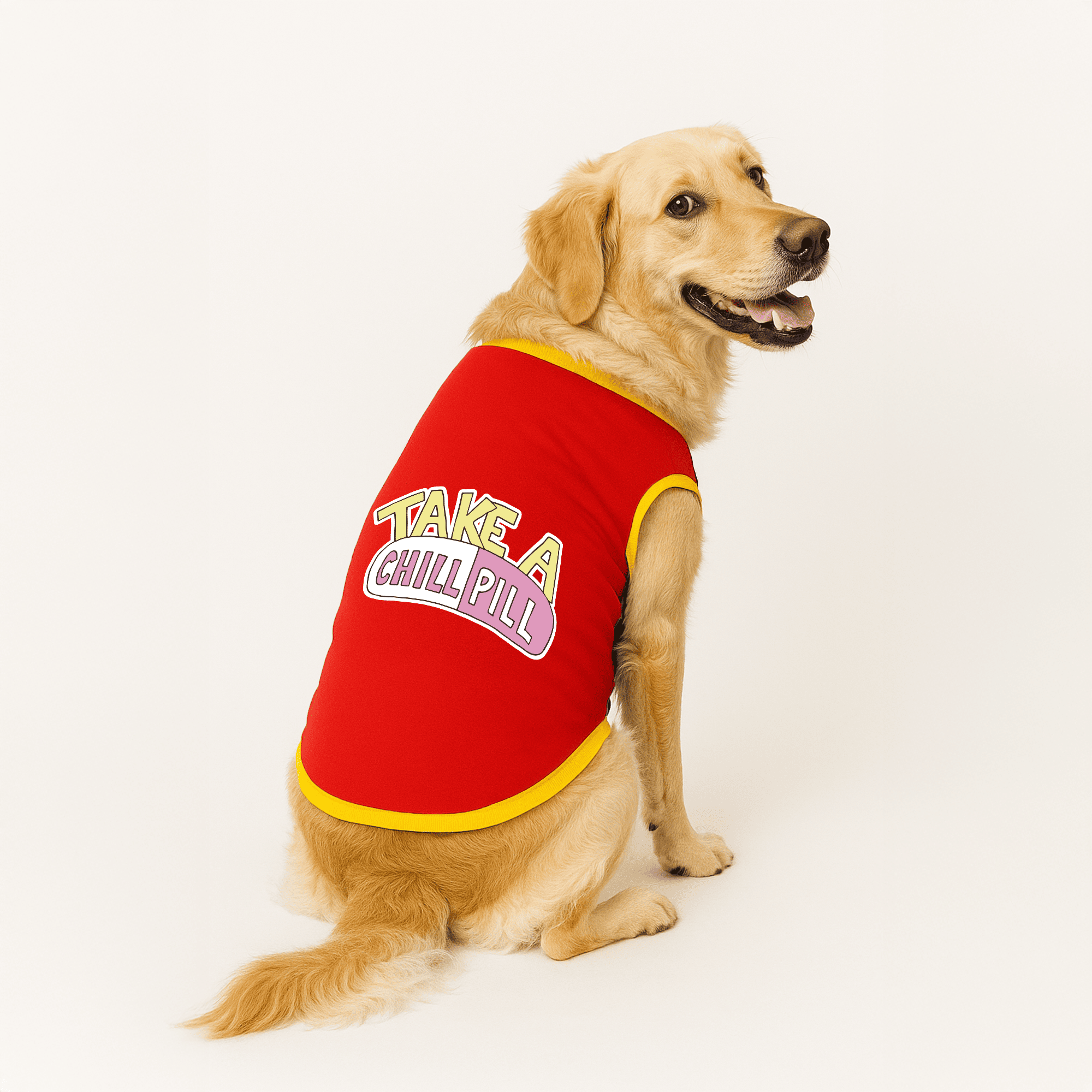 PawsIndia Ribbed Sleeves Printed Dog T-Shirt - Take A Chill Pill (Red)
