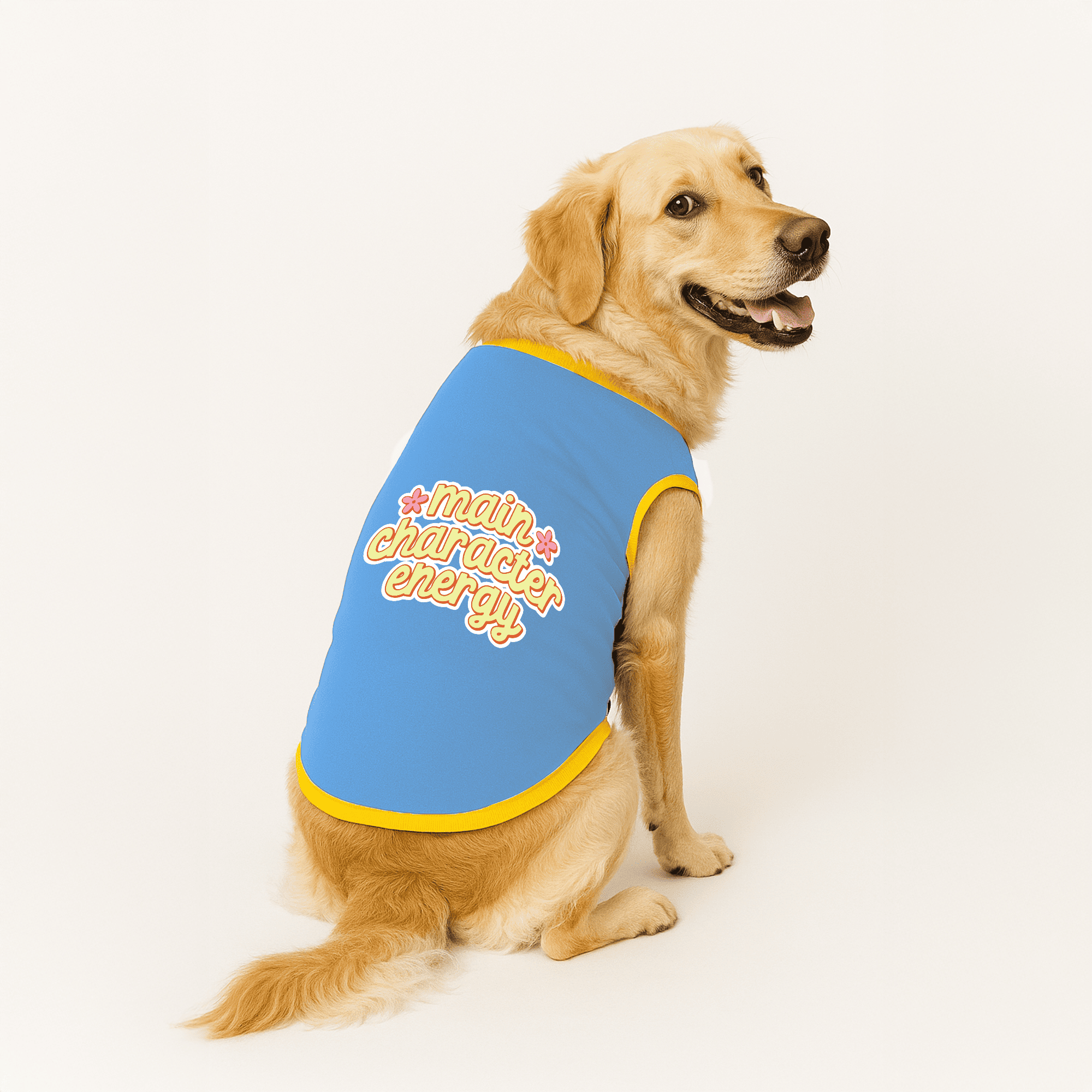 PawsIndia Ribbed Sleeves Printed Dog T-Shirt - Main Character Energy (Blue)