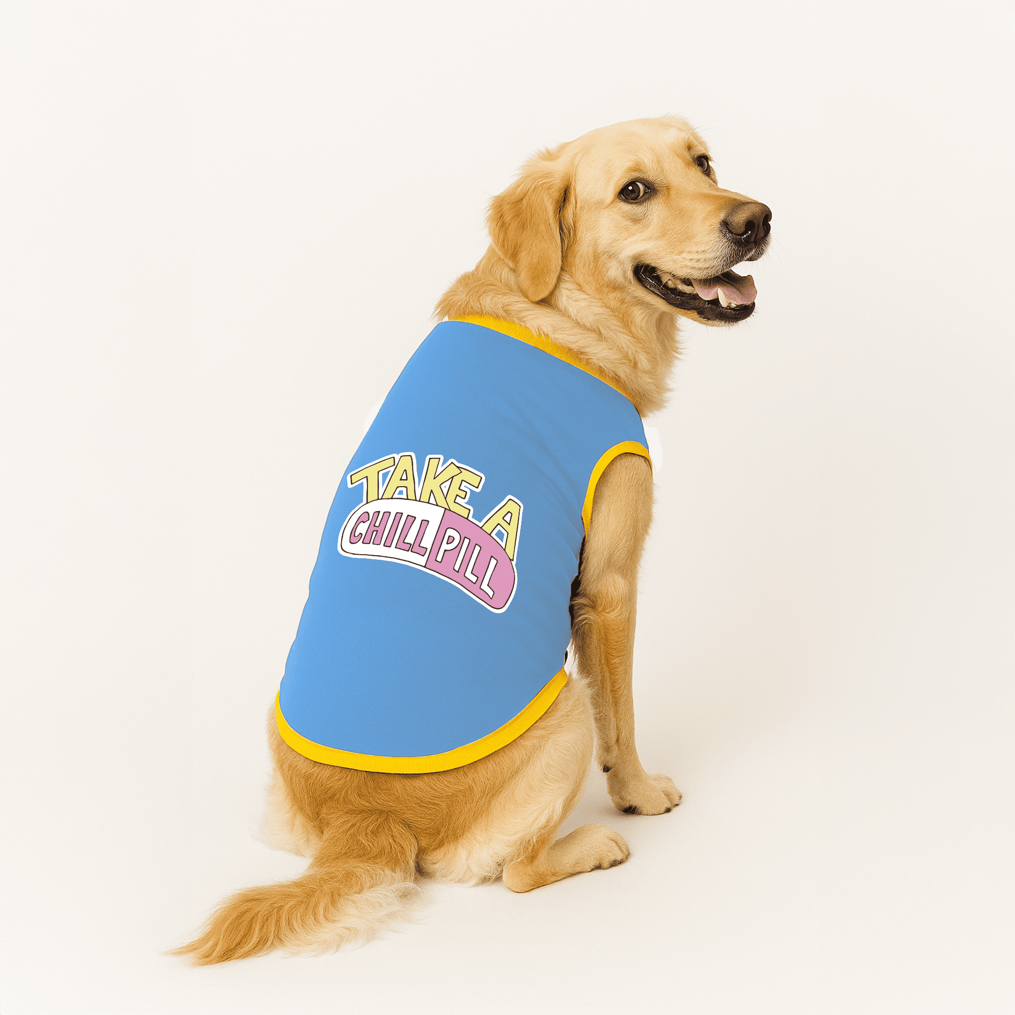 PawsIndia Ribbed Sleeves Printed Dog T-Shirt - Take A Chill Pill (Blue)