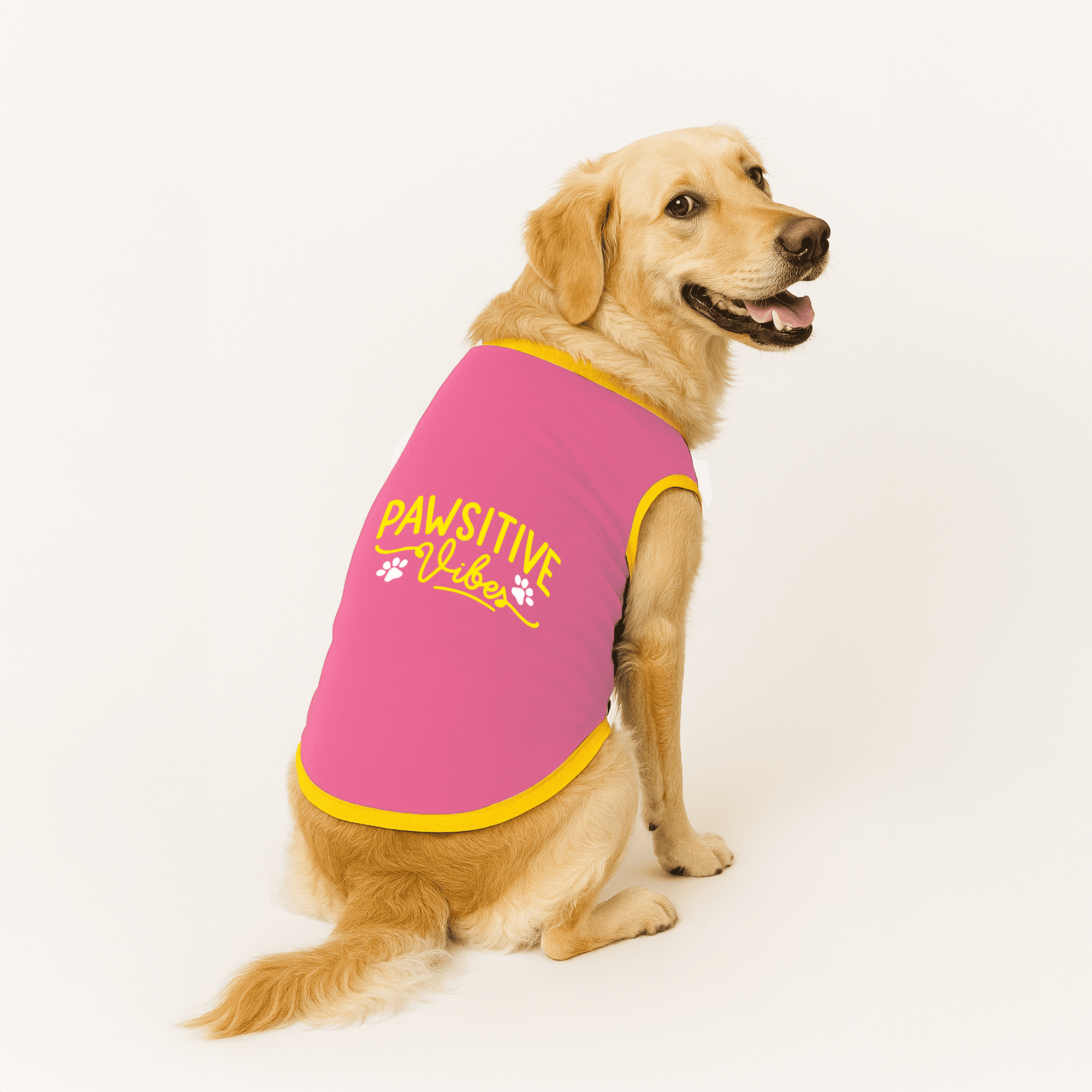 PawsIndia Ribbed Sleeves Printed Dog T-Shirt - Pawsitive Vibes (Pink)