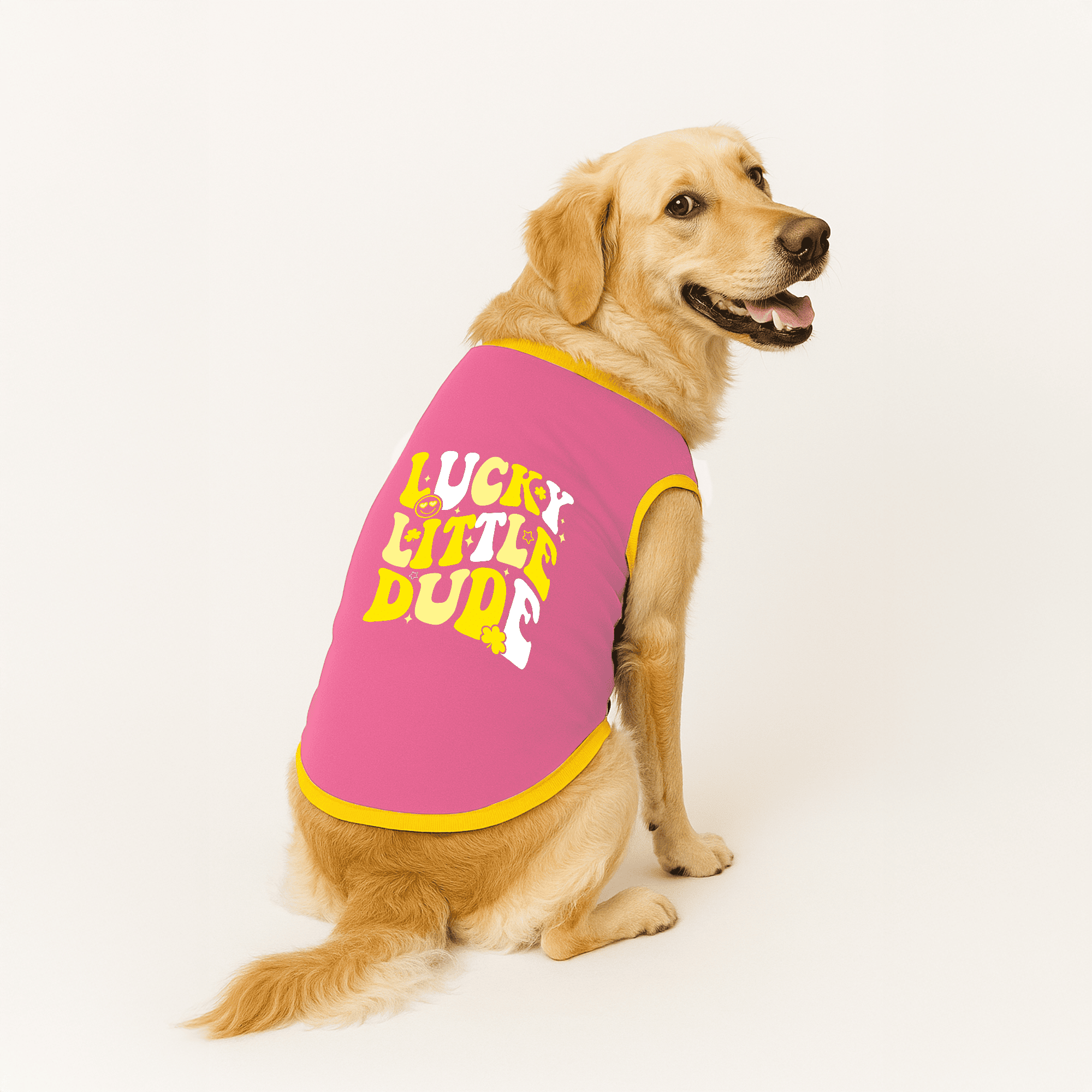 PawsIndia Ribbed Sleeves Printed Dog T-Shirt - Lucky Little Dude (Pink)