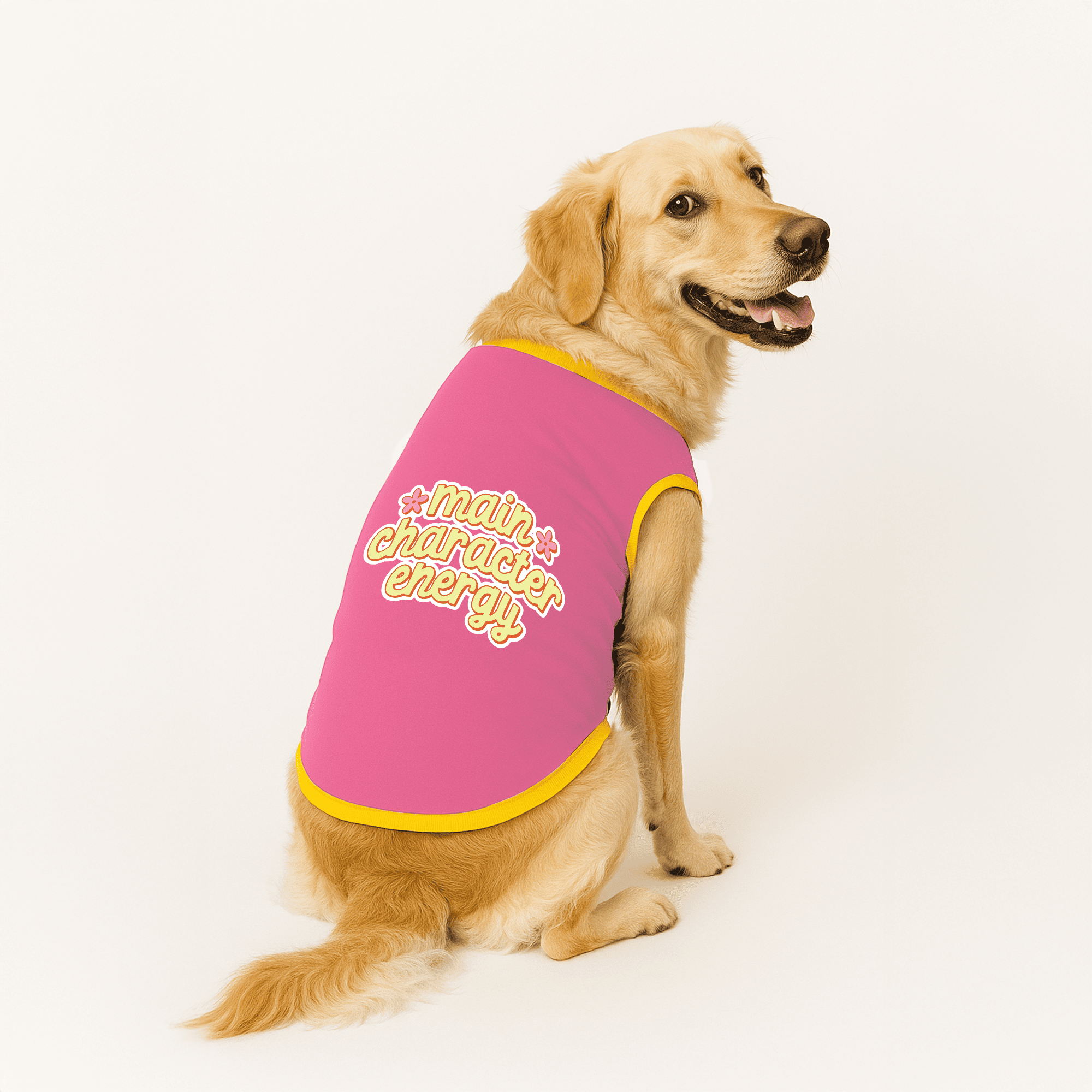 PawsIndia Ribbed Sleeves Printed Dog T-Shirt - Main Character Energy (Pink)
