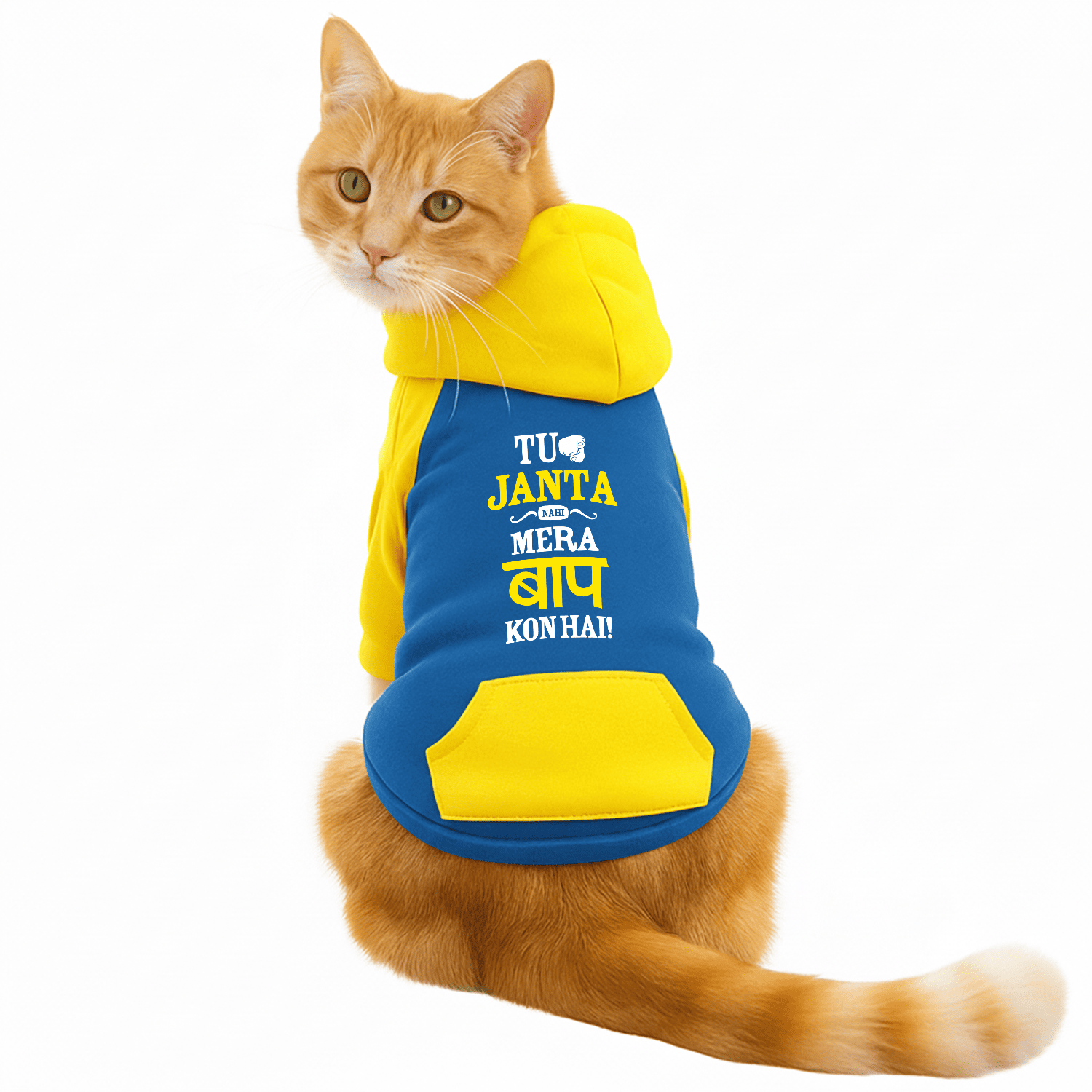 PawsIndia Dual Pattern Dog & Cat Hoodie - Tu Janta Nahi Mera Baap Kon Hai (Bleu)