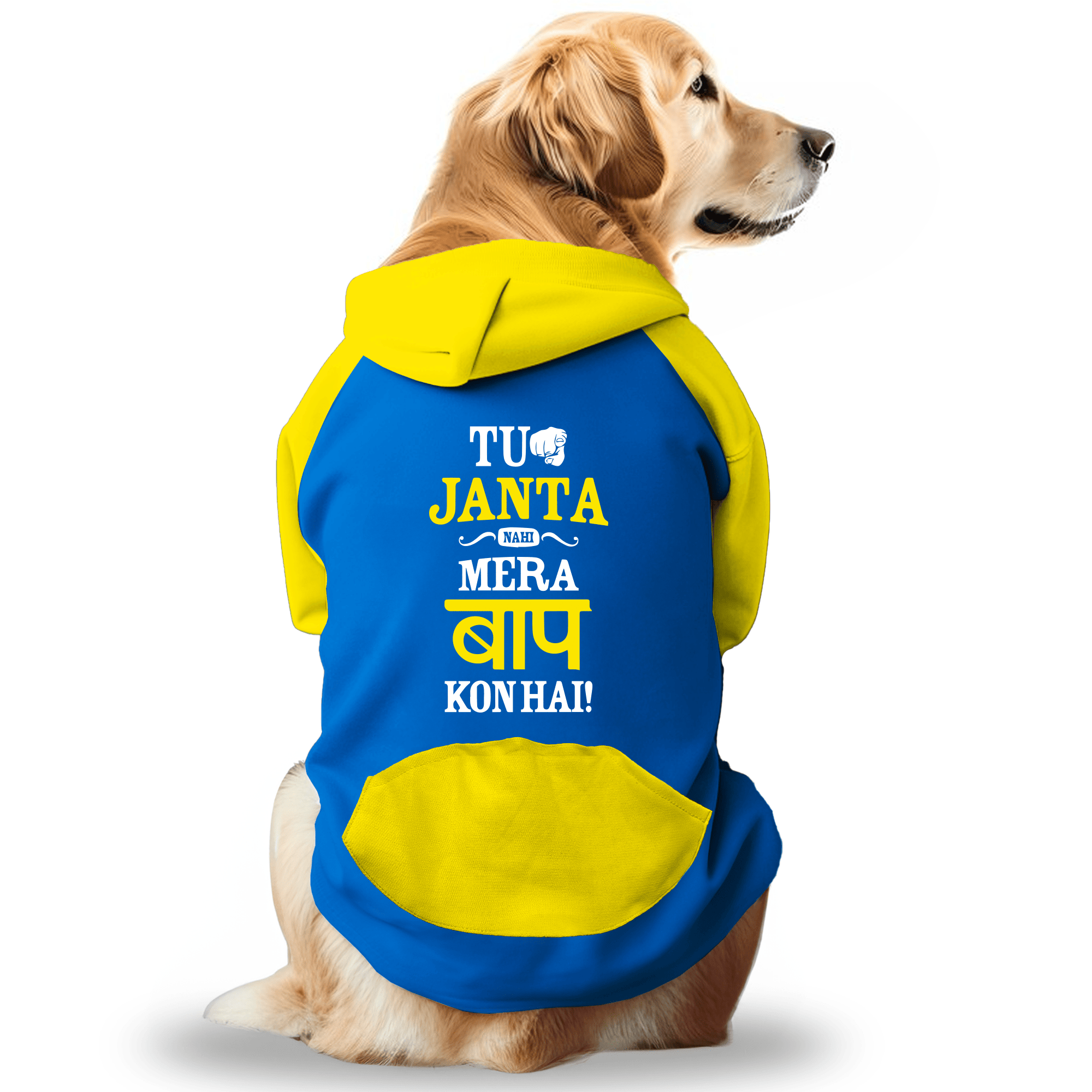 PawsIndia Dual Pattern Dog & Cat Hoodie - Tu Janta Nahi Mera Baap Kon Hai (Bleu)