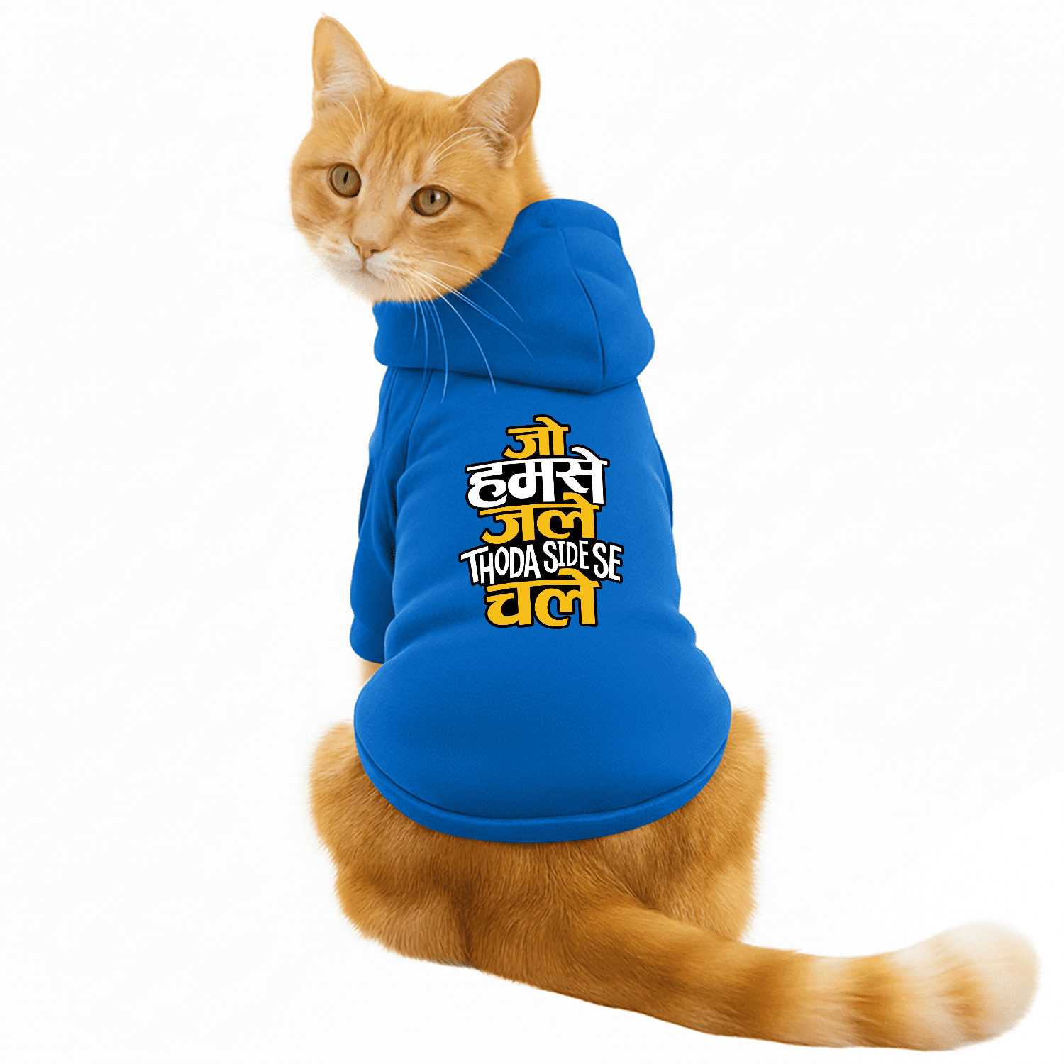 Pawsindia Dog & Cat Hoodie - Jo Humse Jale Thoda Side Se Chale (Blue)