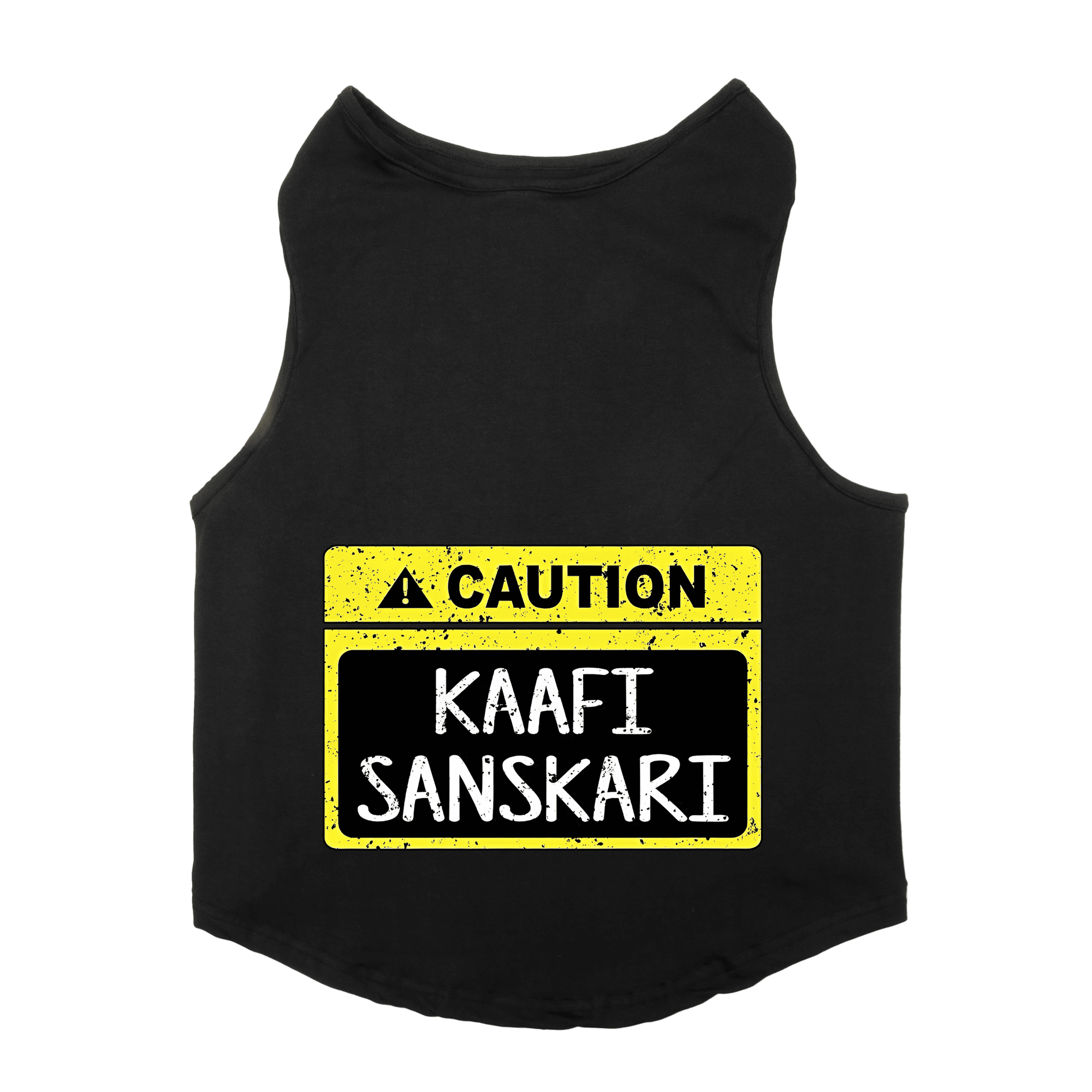 PawsIndia Sleeveless Printed Dog T-Shirt - Caution - Kaafi Sanskari (Black)