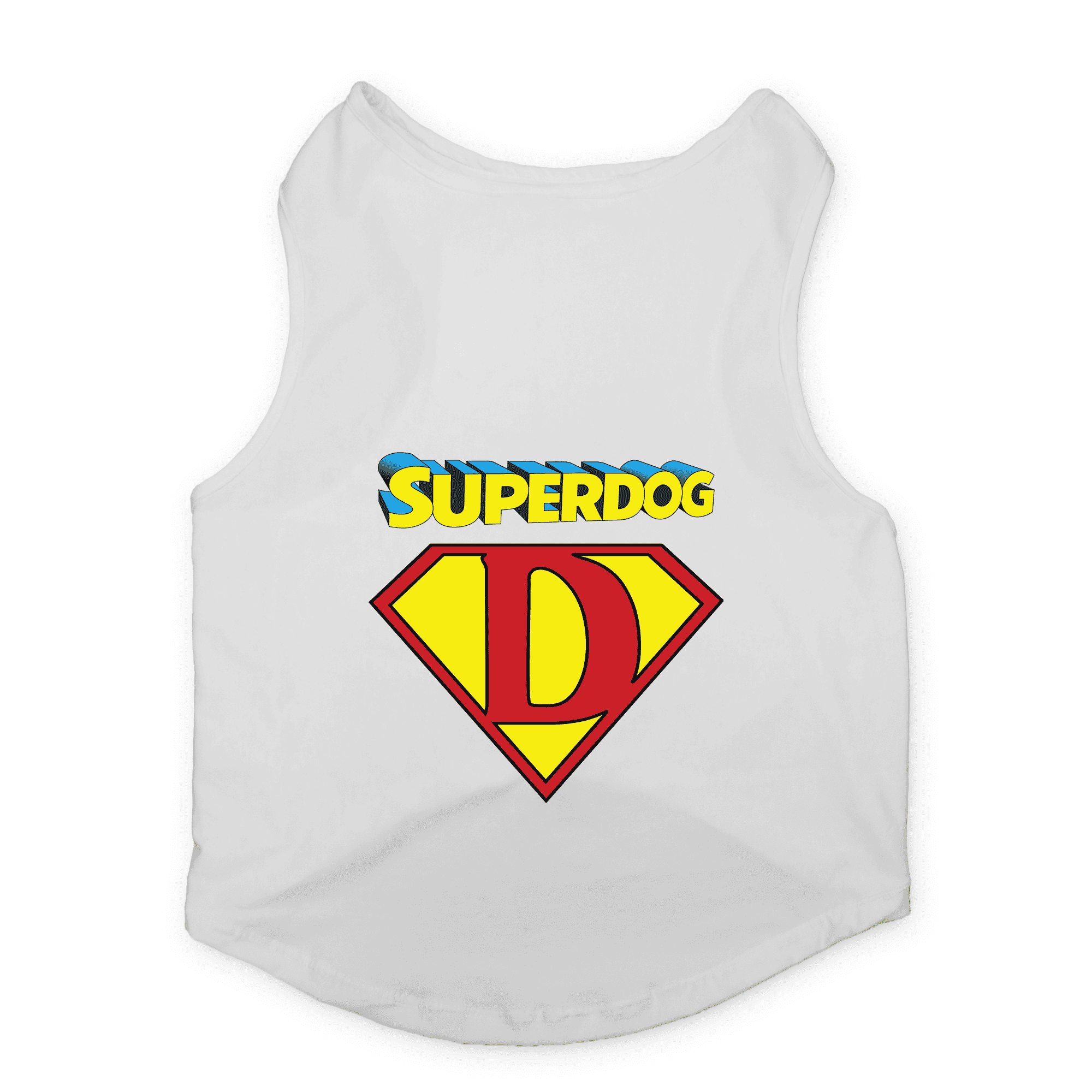 PawsIndia Sleeveless Printed Dog T-Shirt - Super Dog (White)