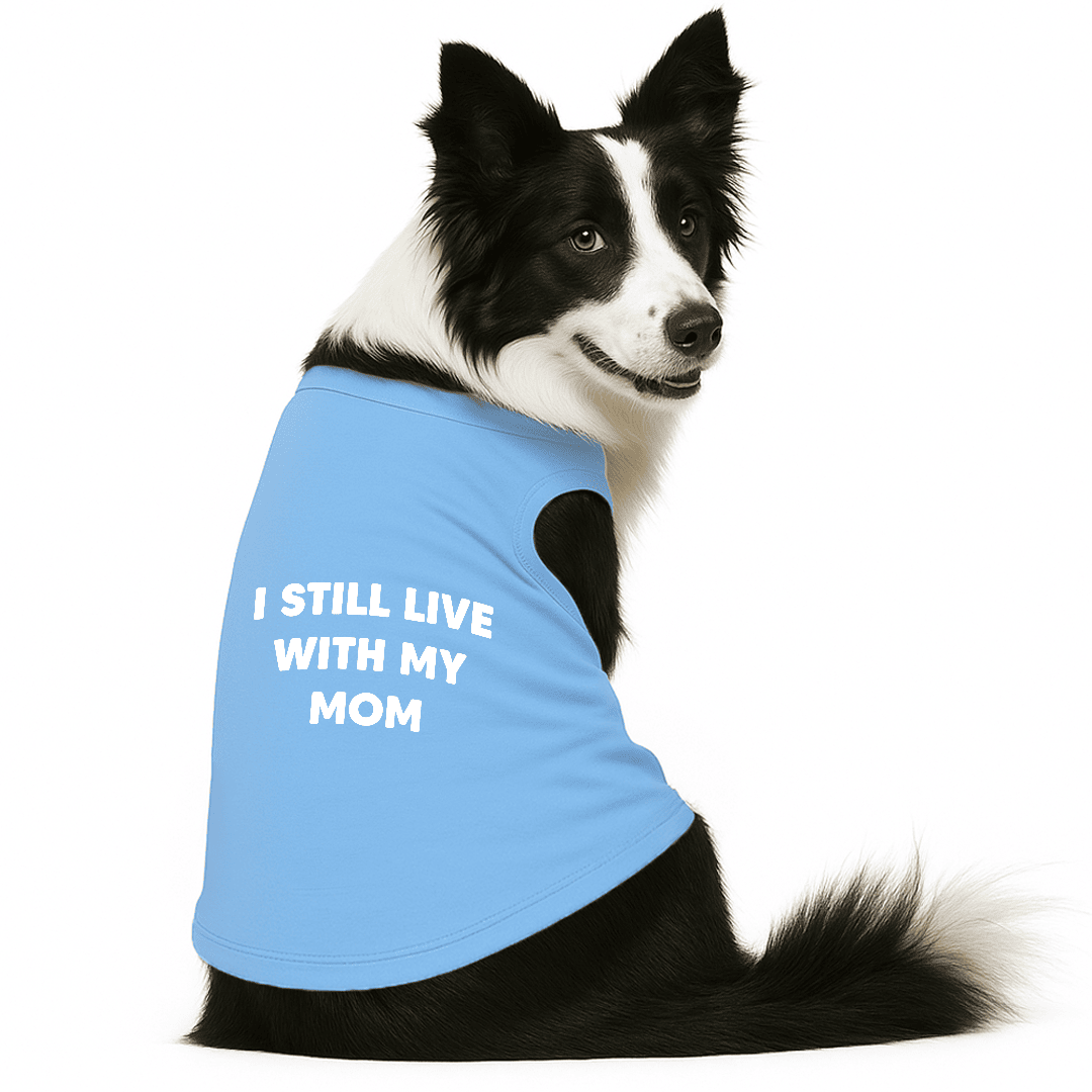 PawsIndia Sleeveless Printed Cat T-Shirt - I Still Live With My Mom (Blue)
