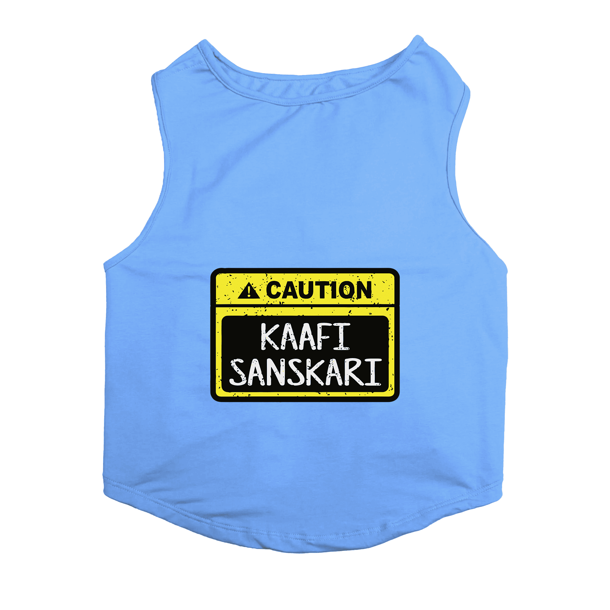 PawsIndia Sleeveless Printed Cat T-Shirt - Caution - Kaafi Sanskari (Blue)
