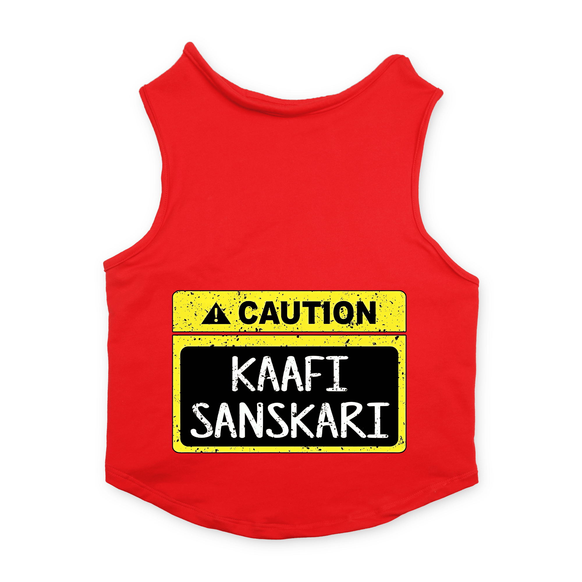 PawsIndia Sleeveless Printed Cat T-Shirt - Caution - Kaafi Sanskari (Red)